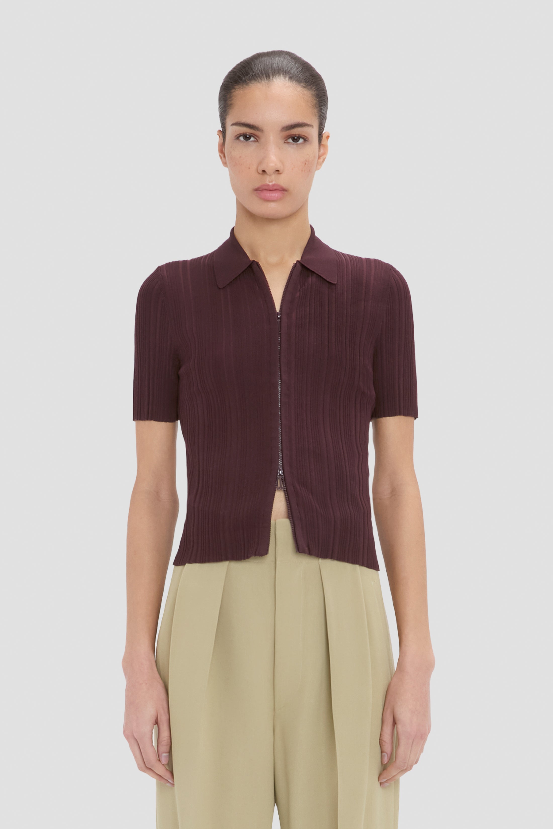 Ribbed Polo Top In Dark Burgundy