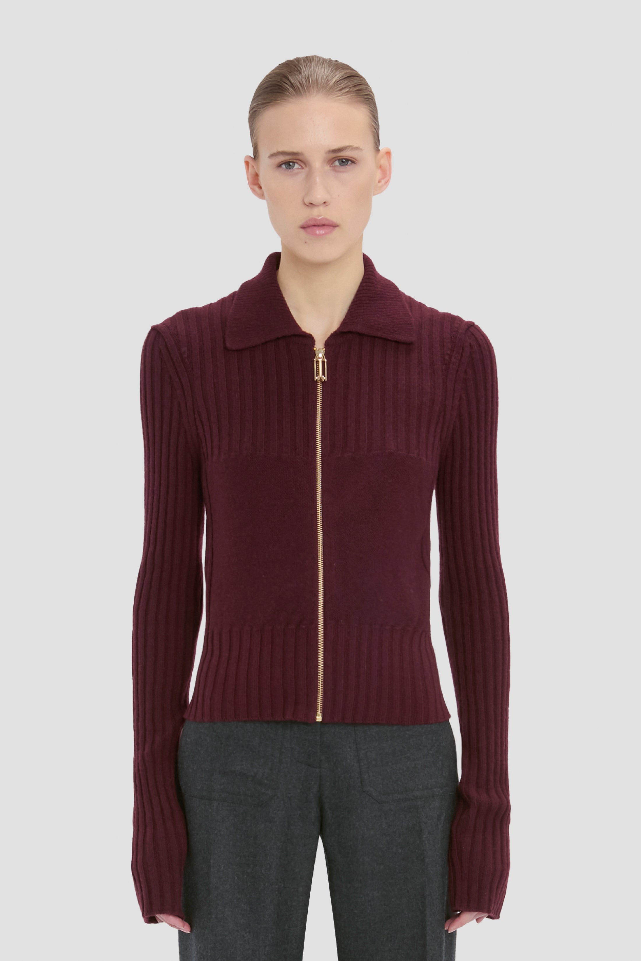 Zip Jumper In Dark Burgundy