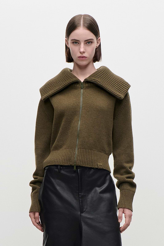 Wide Collar Zip Jumper In Green