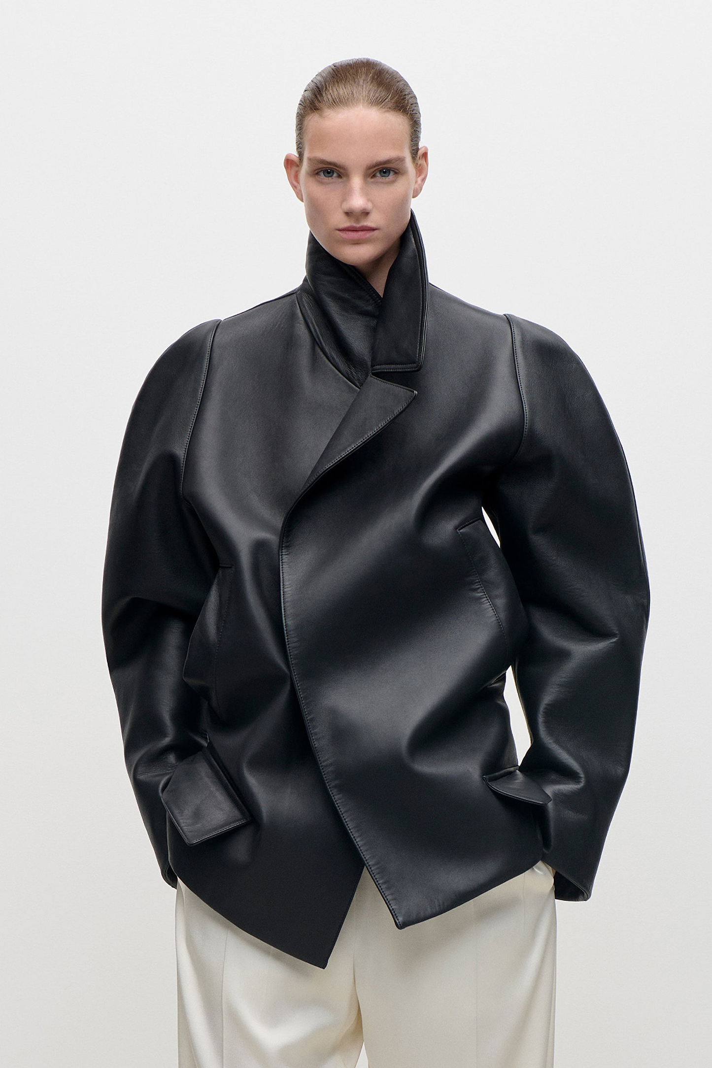 Leather Pea Coat In Black