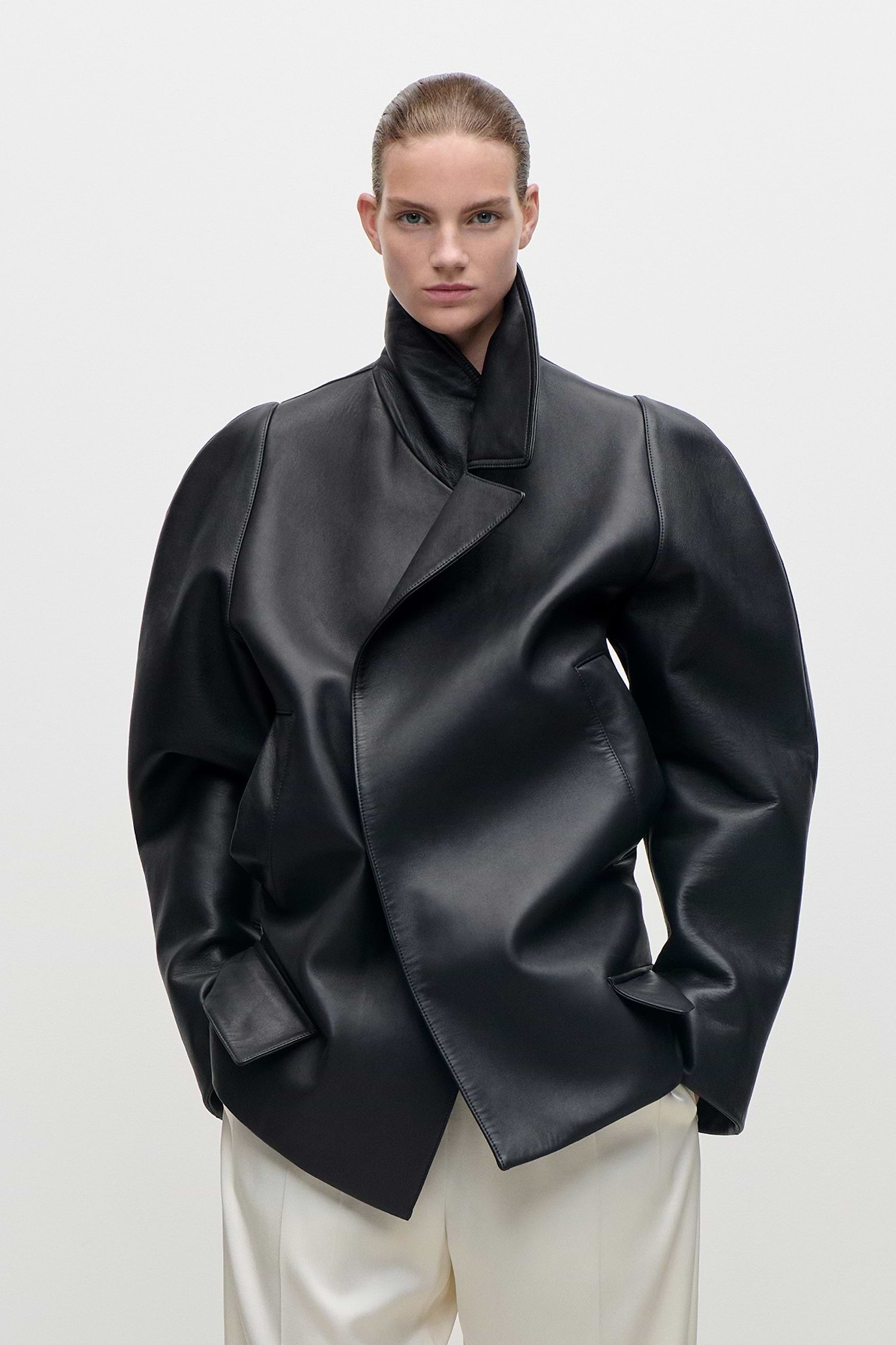 Leather Pea Coat In Black