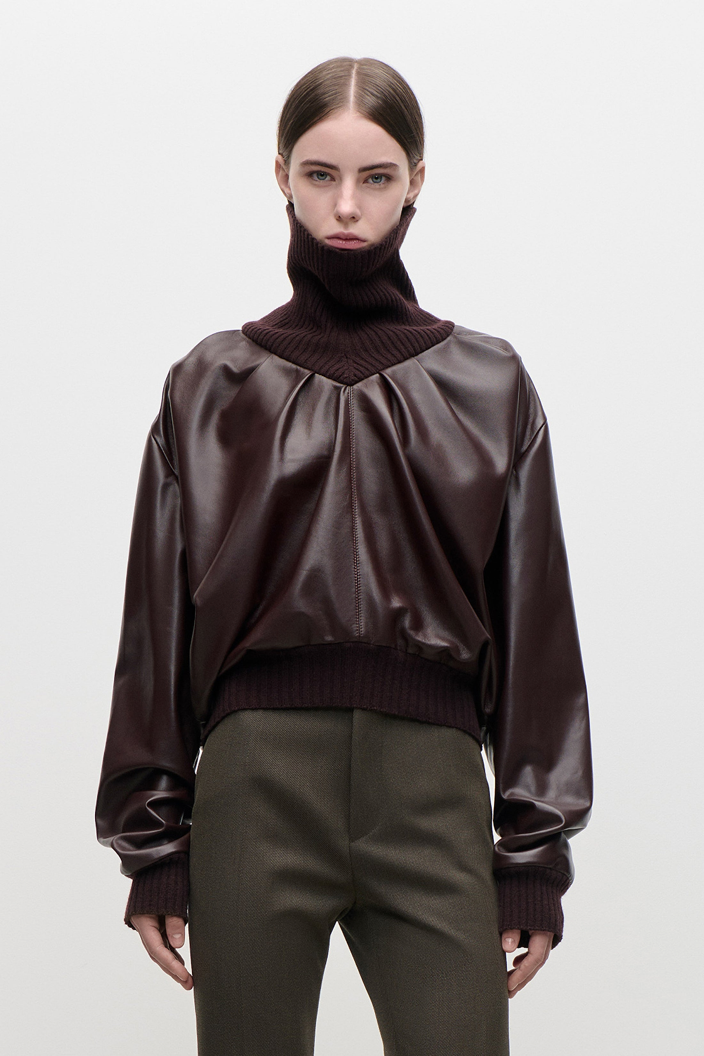 Knitted Collar Leather Top In Burgundy