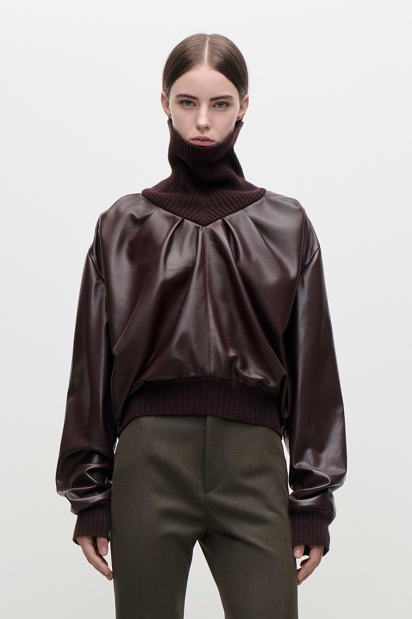 Knitted Collar Leather Top In Burgundy