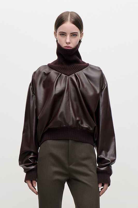 Knitted Collar Leather Top In Burgundy