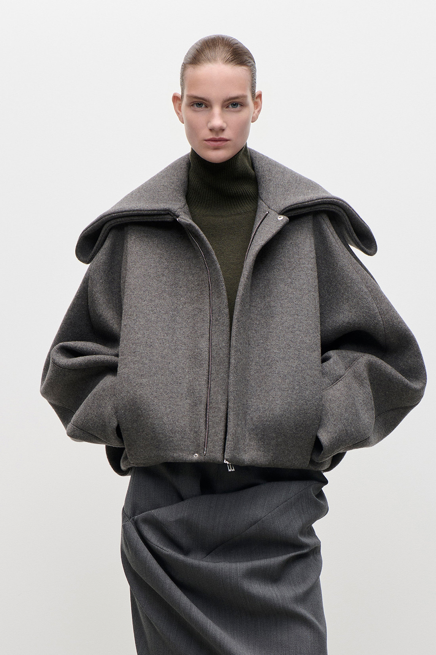 Folded Collar Bomber Jacket In Grey