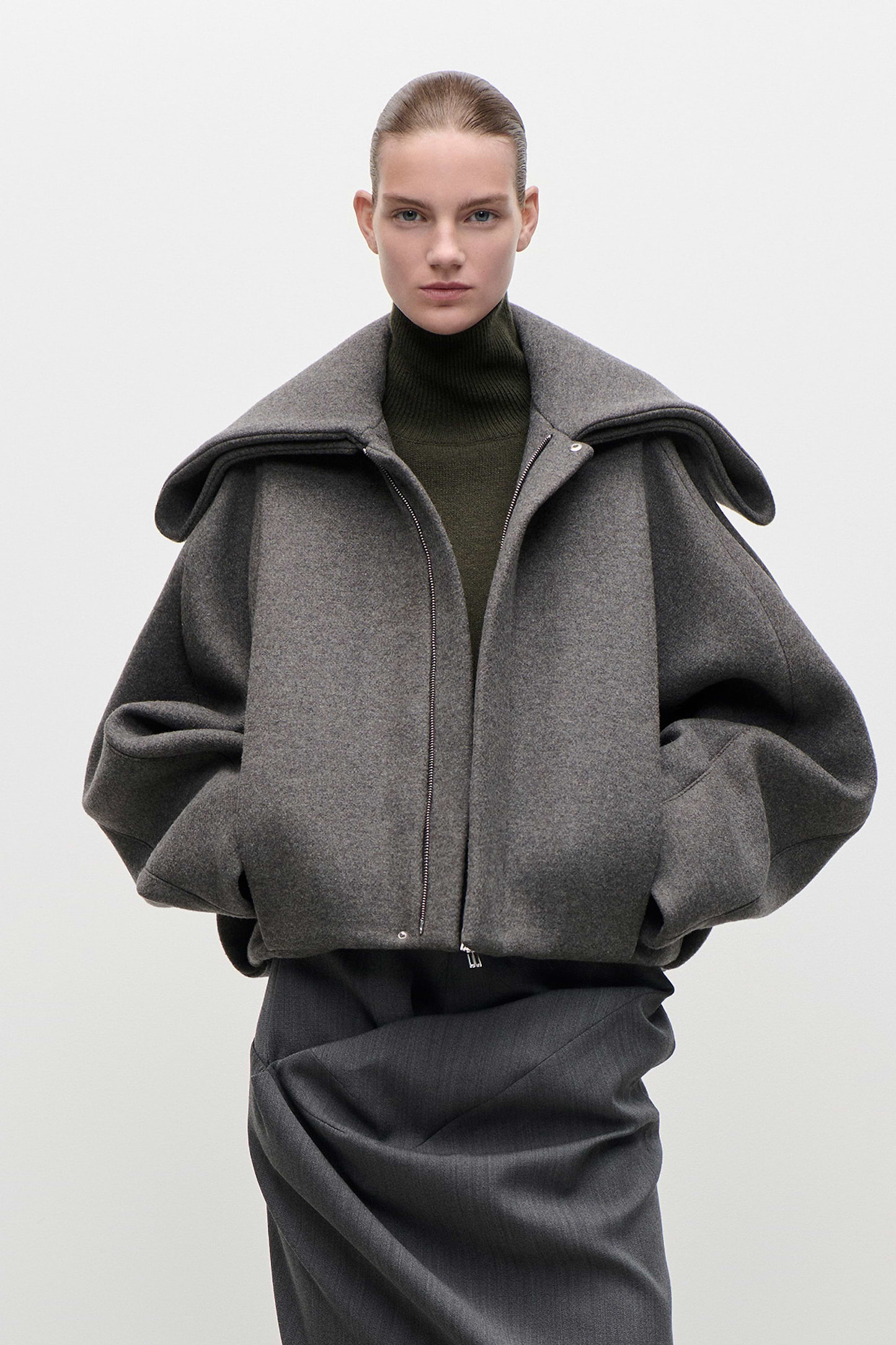 Folded Collar Bomber Jacket In Grey