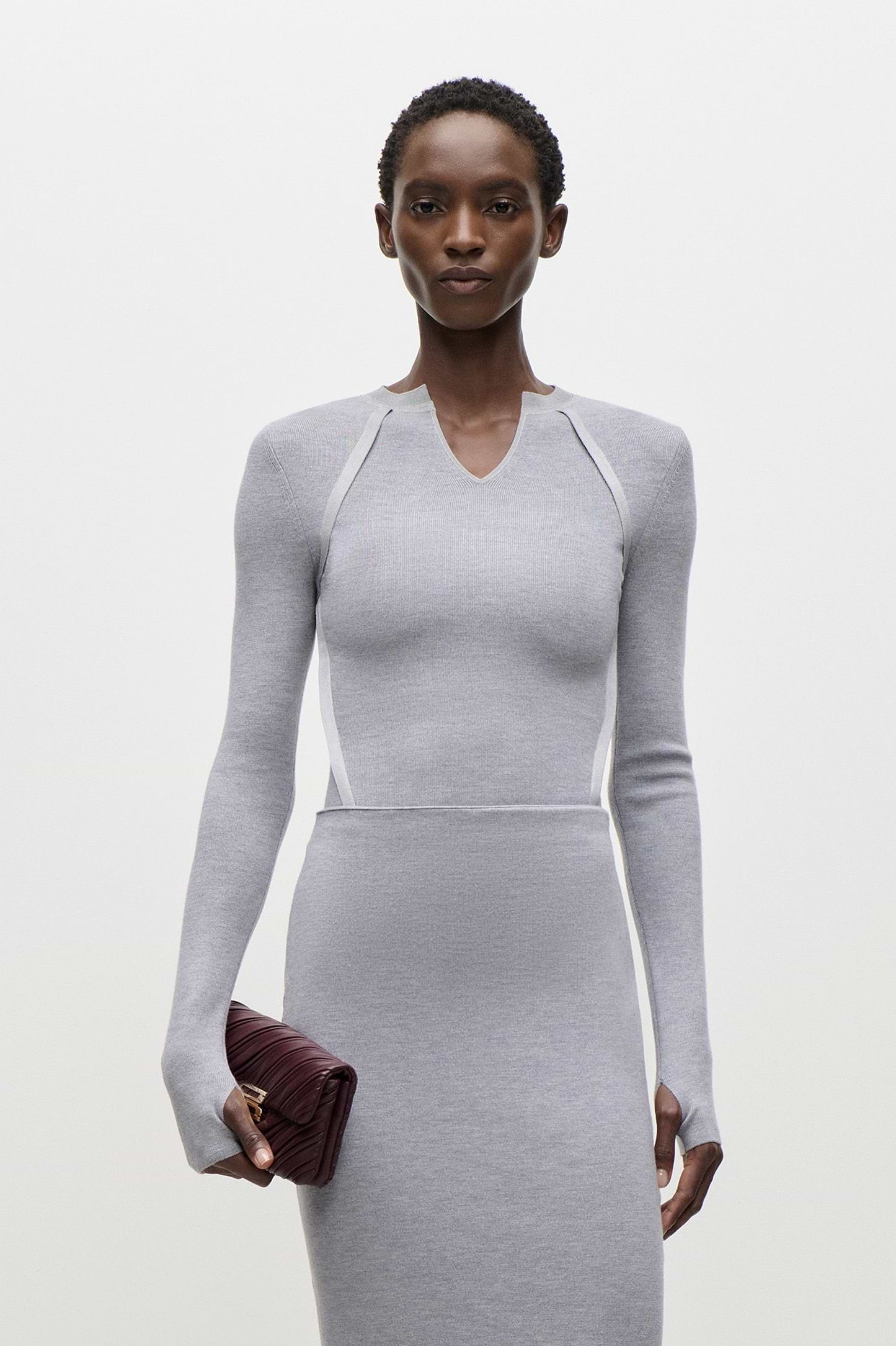 V-Neck Top In Grey Melange