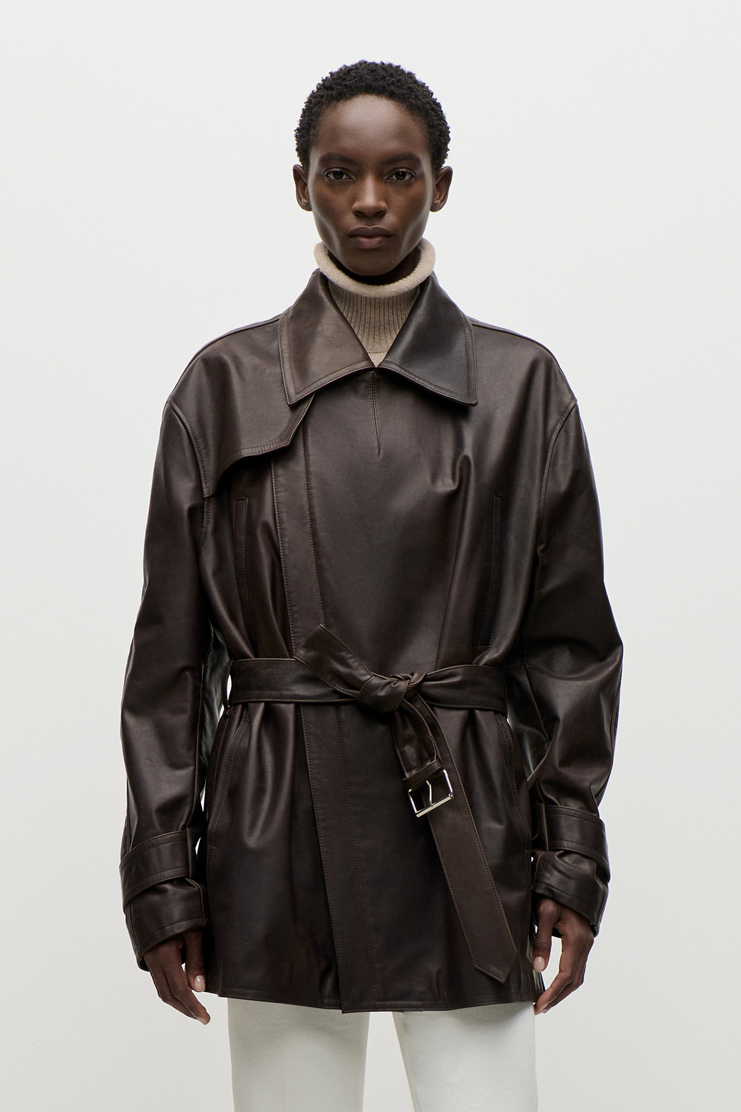 Belted Leather Jacket In Brown