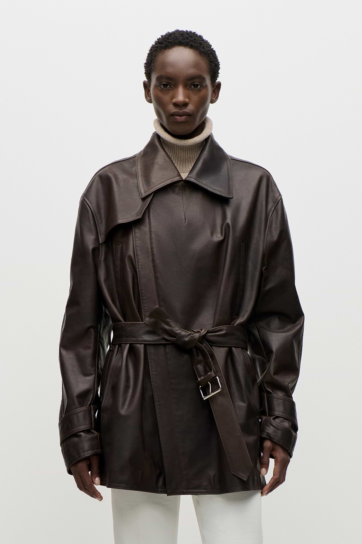 Belted Leather Jacket In Brown