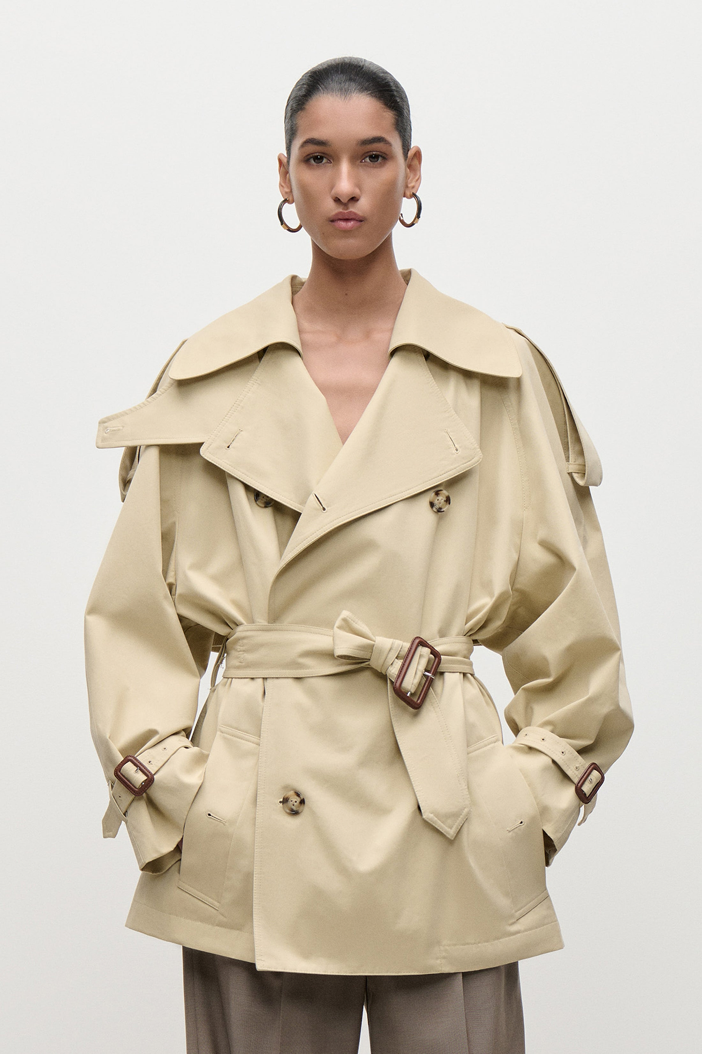 Short Trench Coat In Light Beige