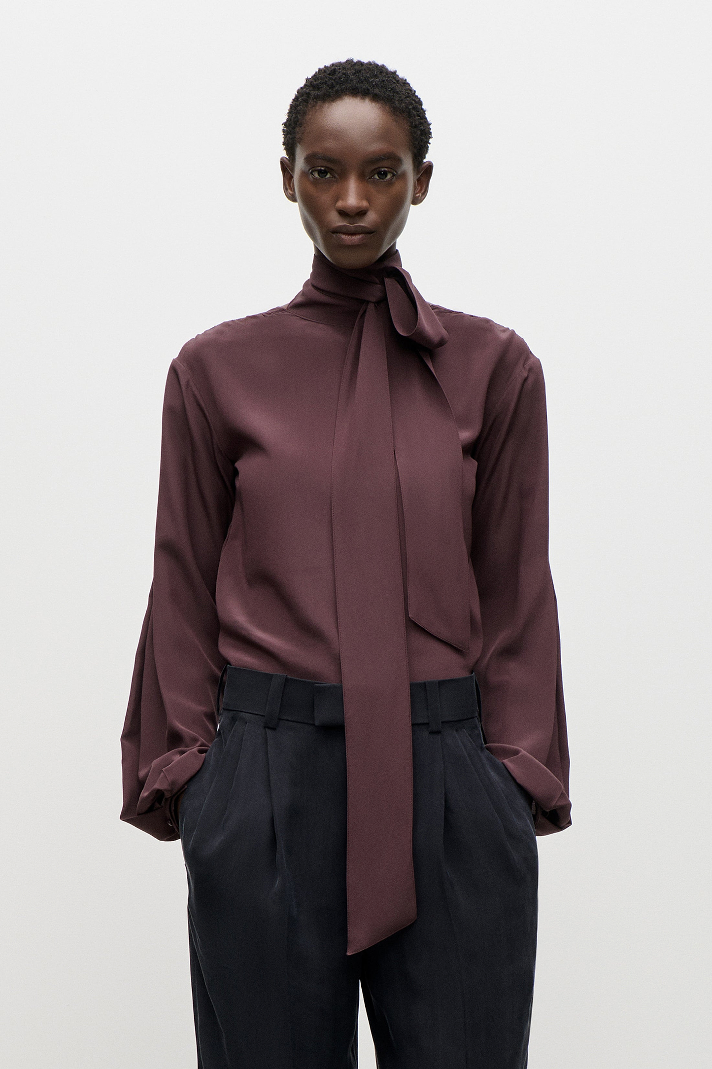 Scarf Cut-Out Blouse In Dark Burgundy