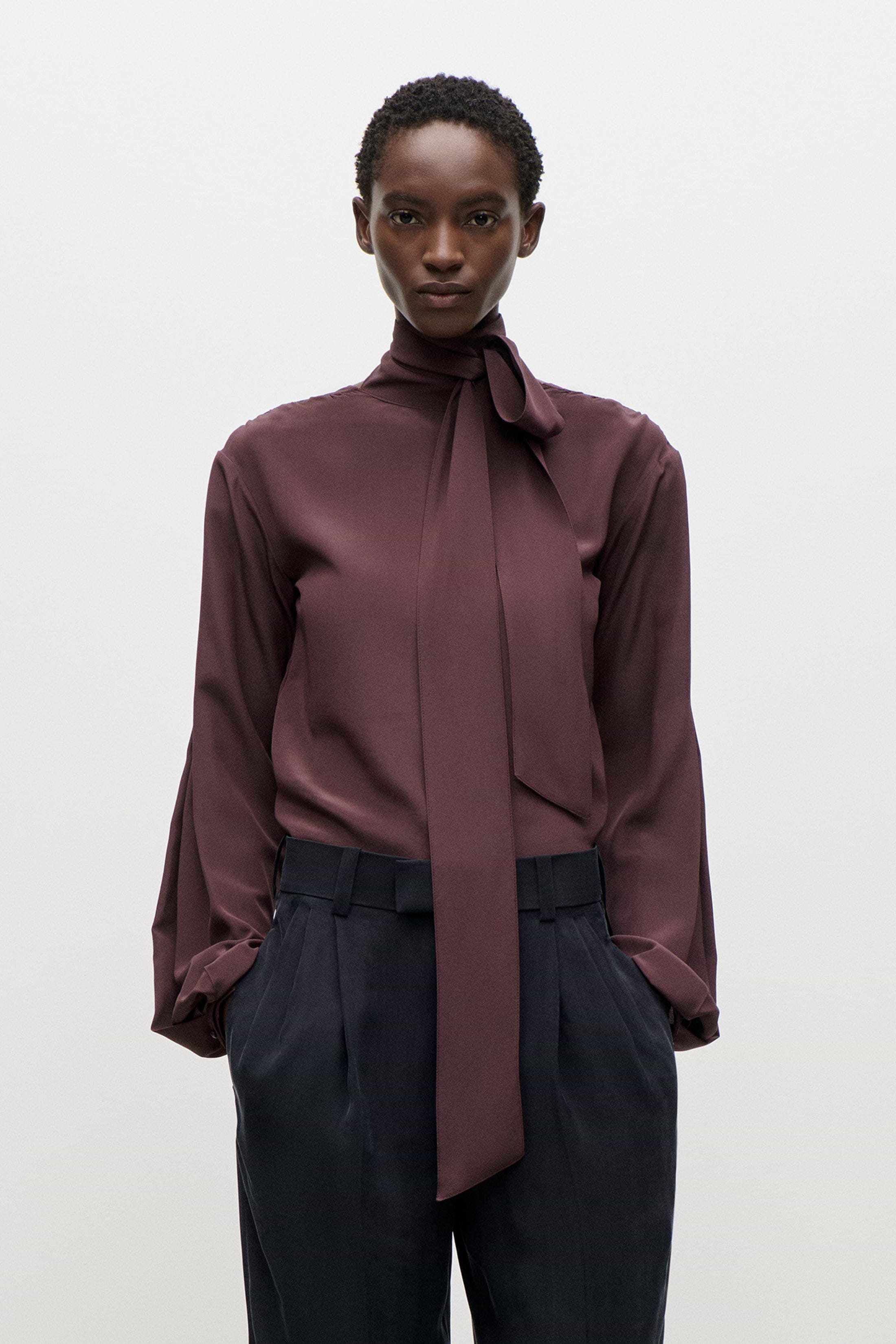 Scarf Cut-Out Blouse In Dark Burgundy