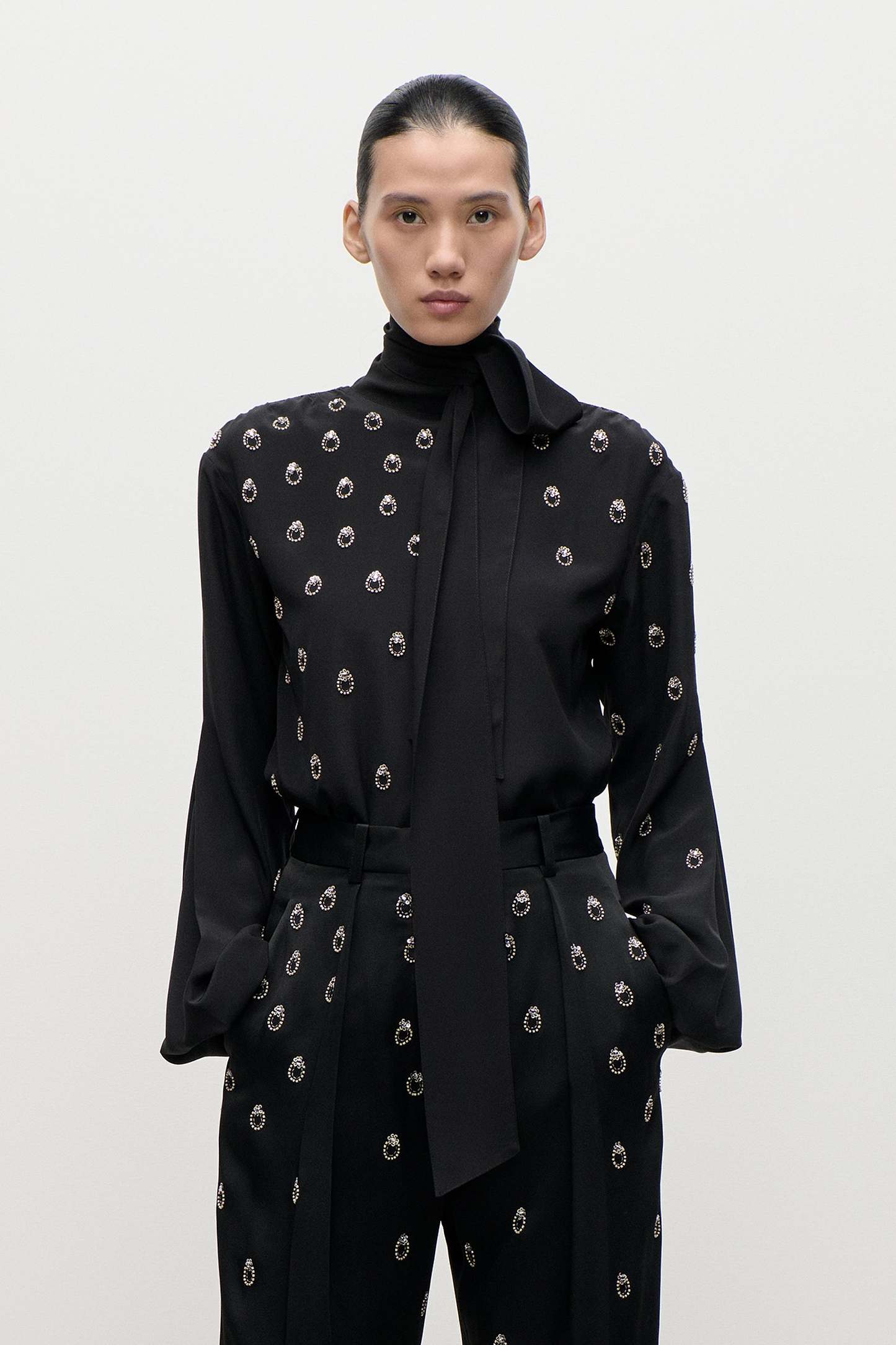 Embroidered Scarf Cut-Out Blouse In Black