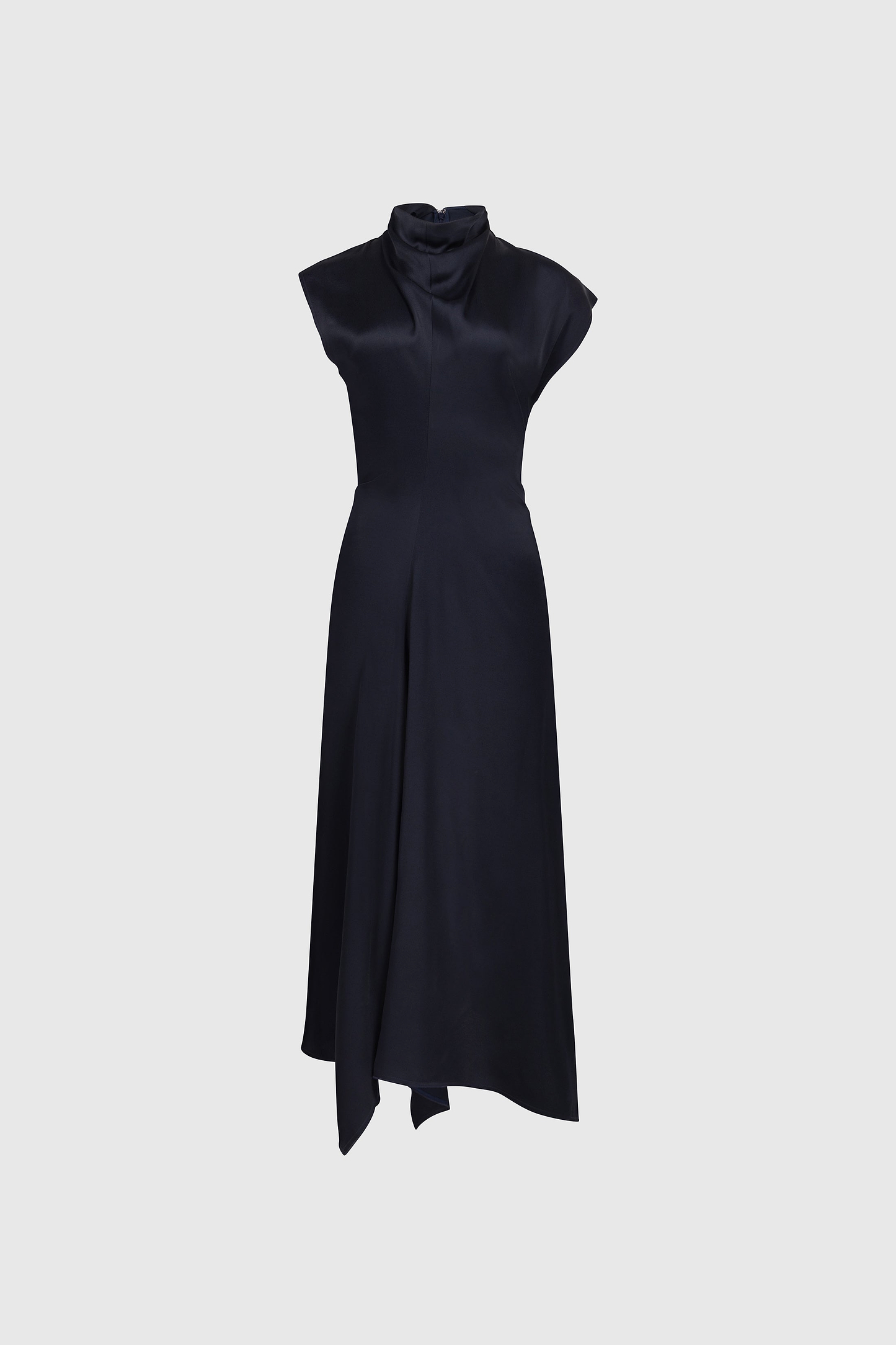 High Neck Draped Midi Dress In Dark Navy