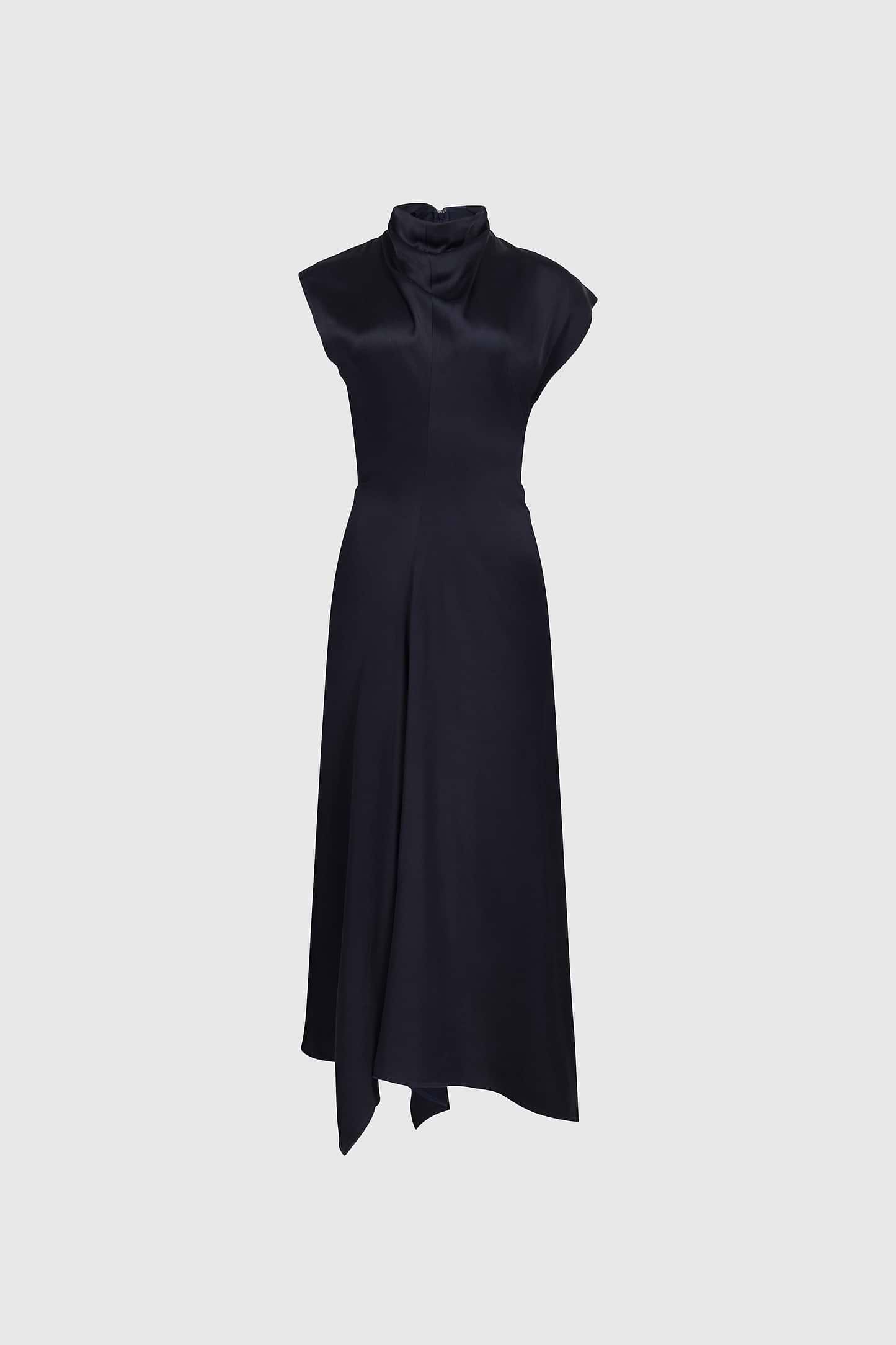 High Neck Draped Midi Dress In Dark Navy