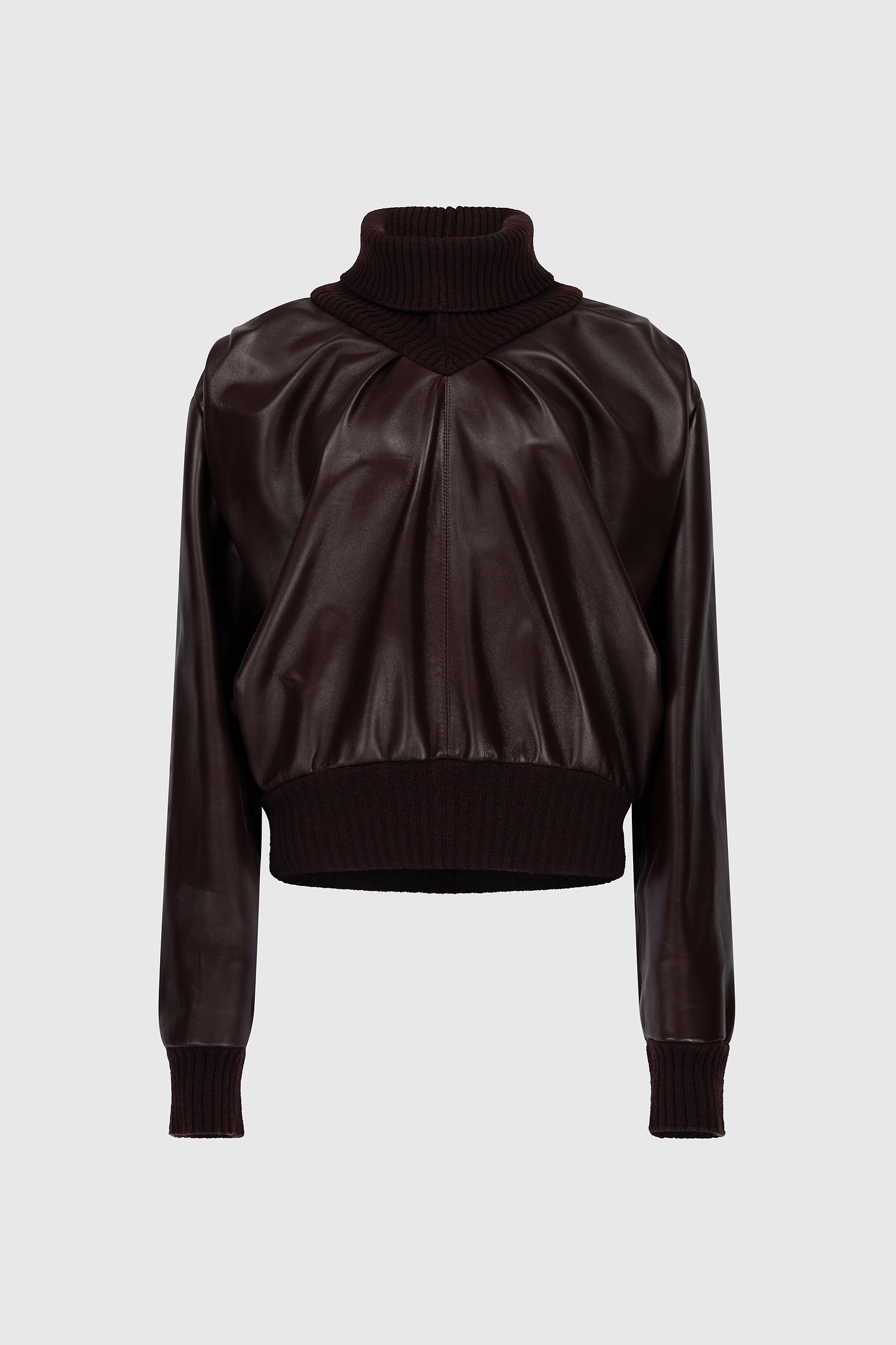 Knitted Collar Leather Top In Burgundy