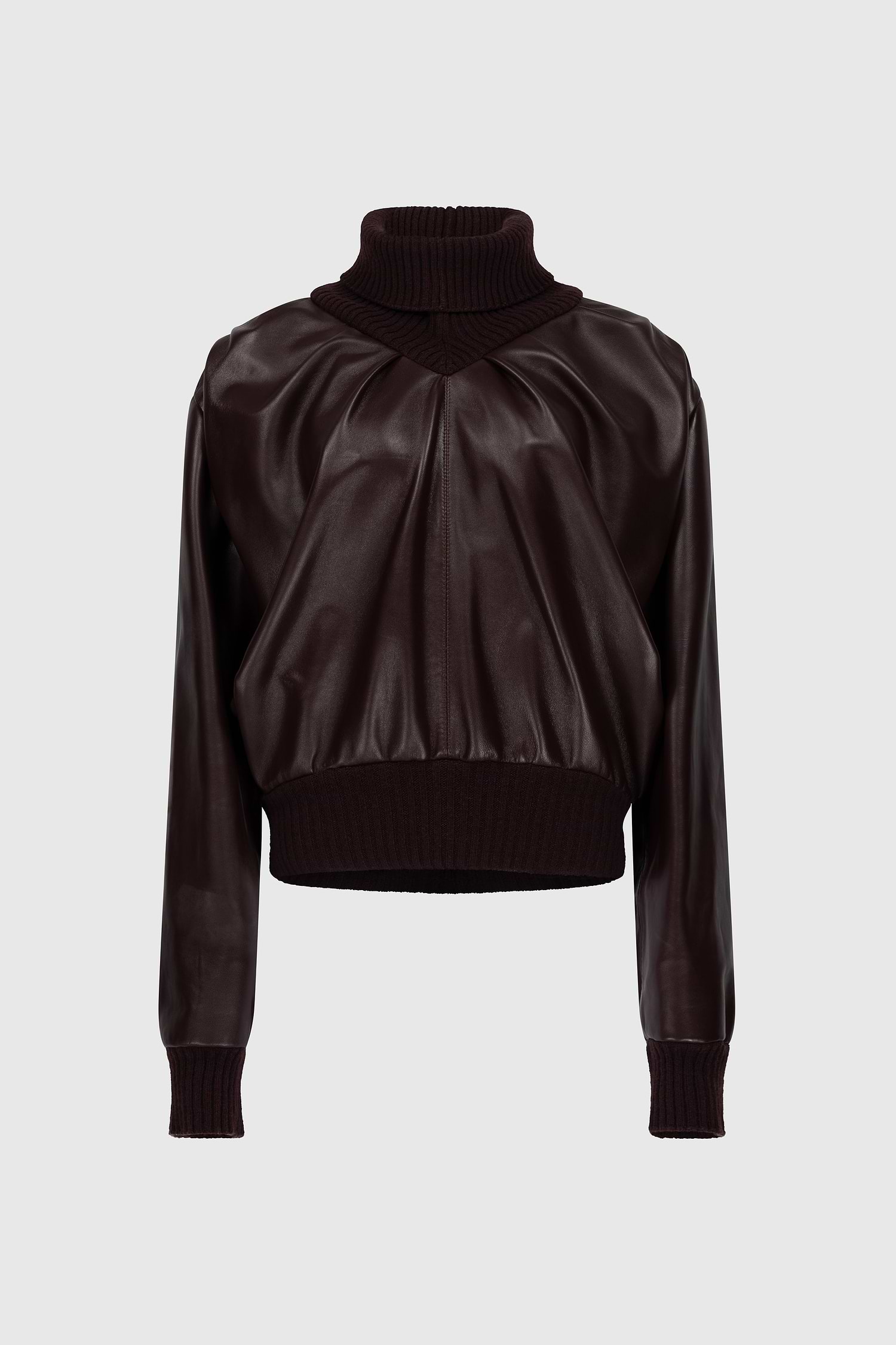 Knitted Collar Leather Top In Burgundy