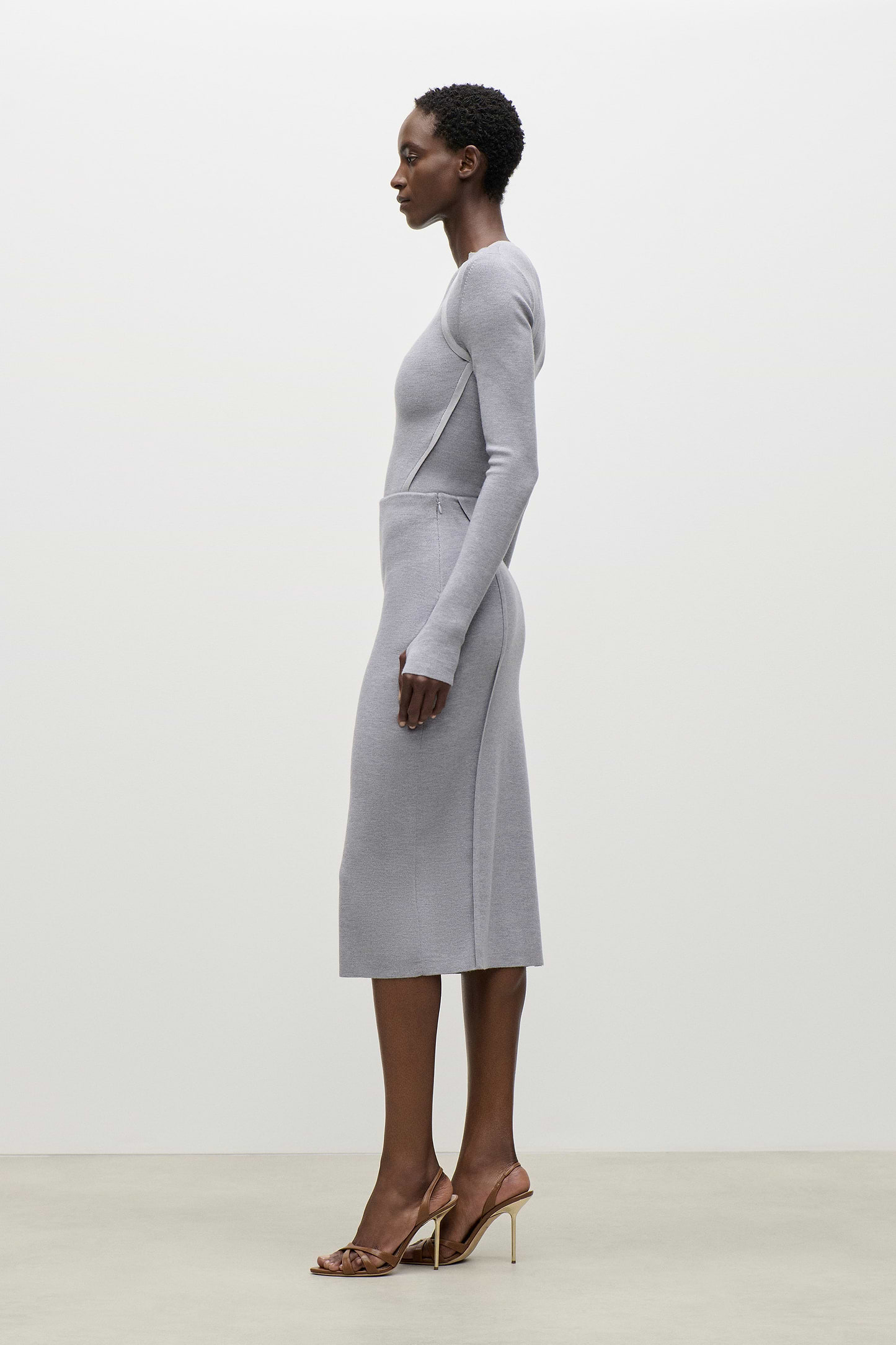 Fitted Midi Skirt In Grey Melange