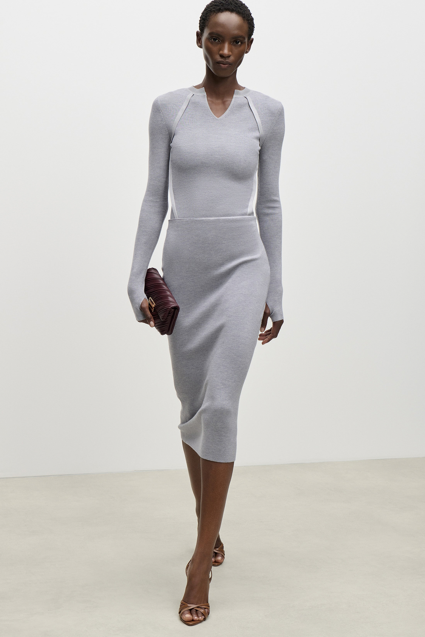 Fitted Midi Skirt In Grey Melange