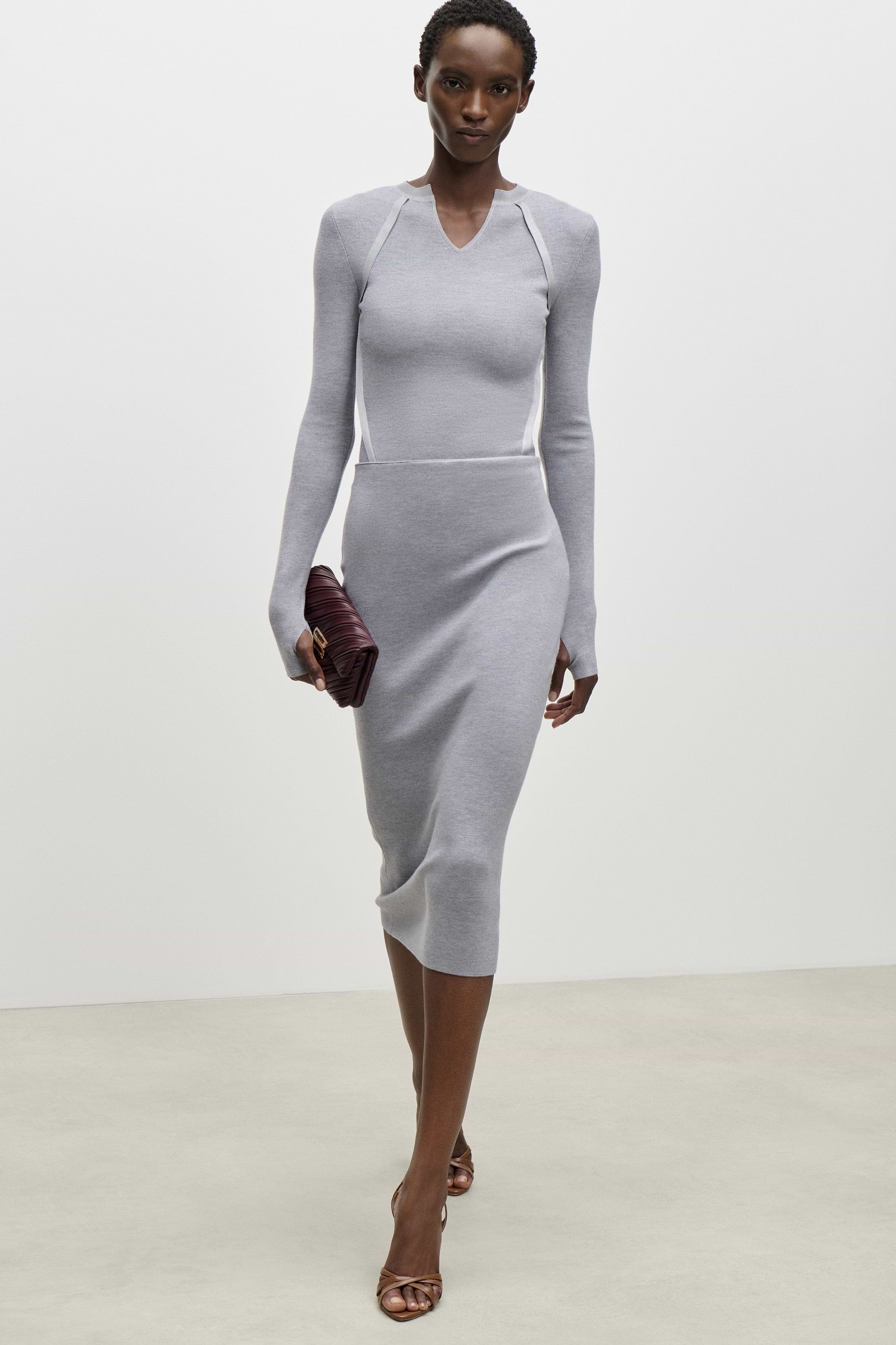Fitted Midi Skirt In Grey Melange