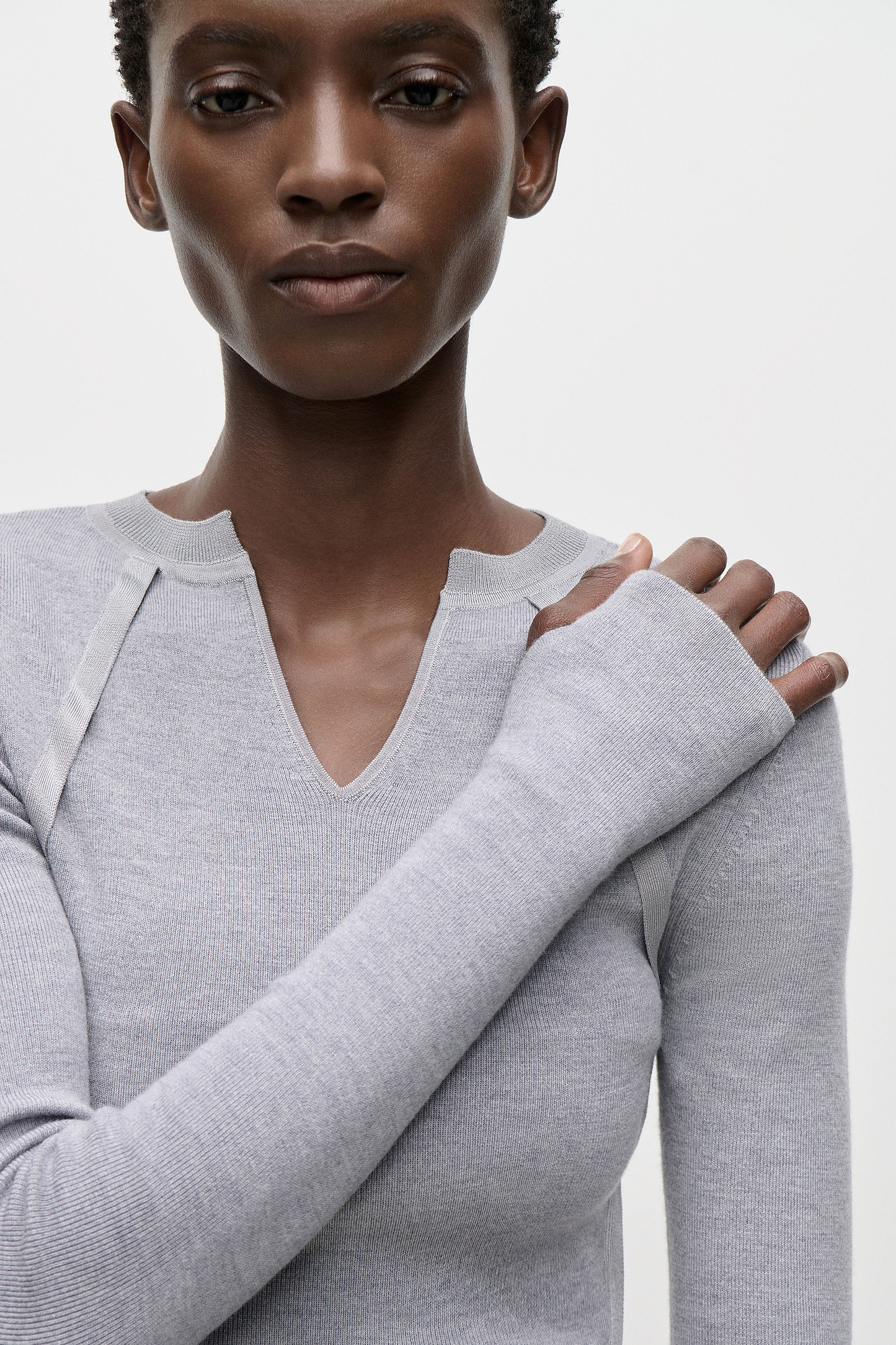 V-Neck Top In Grey Melange