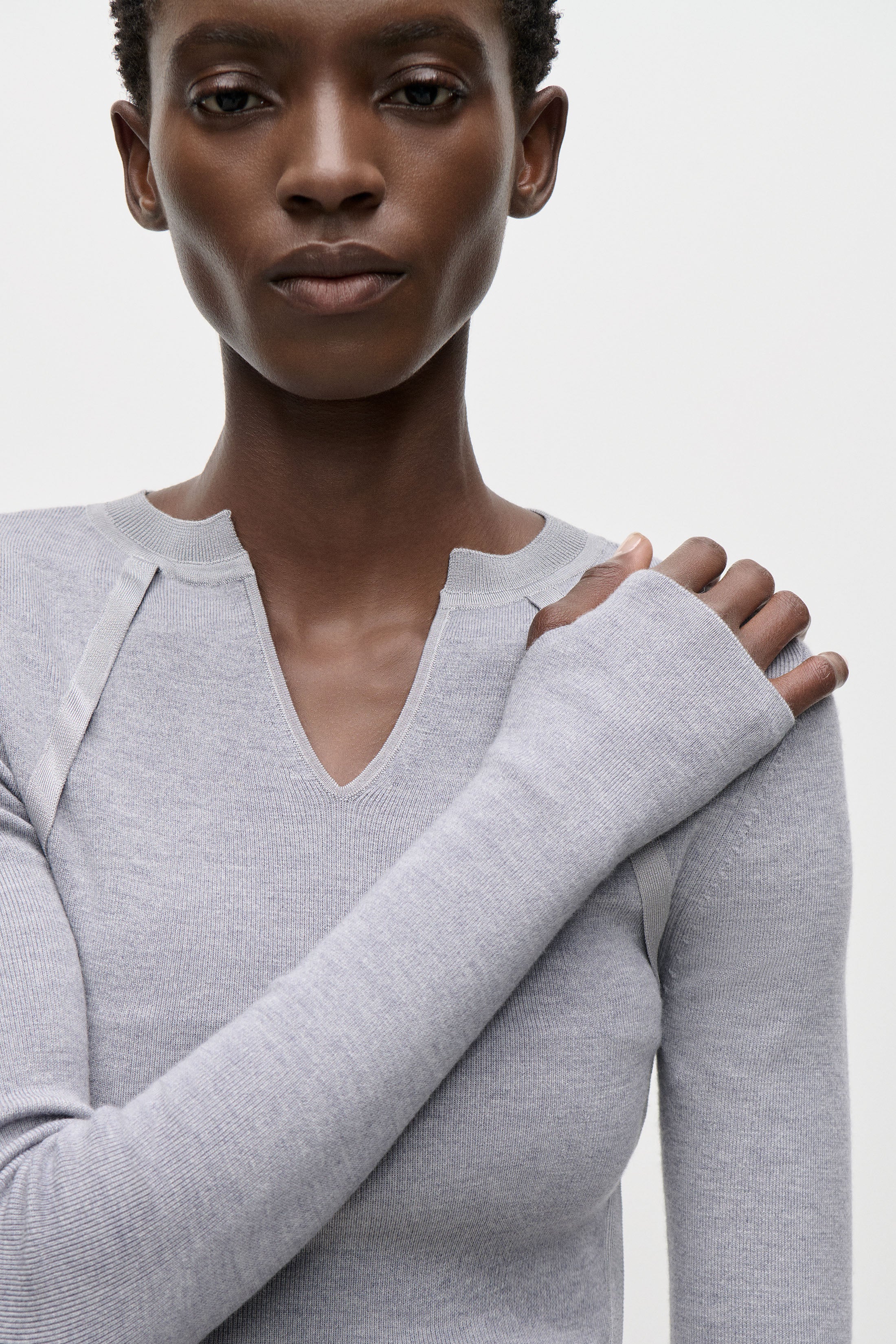V-Neck Top In Grey Melange