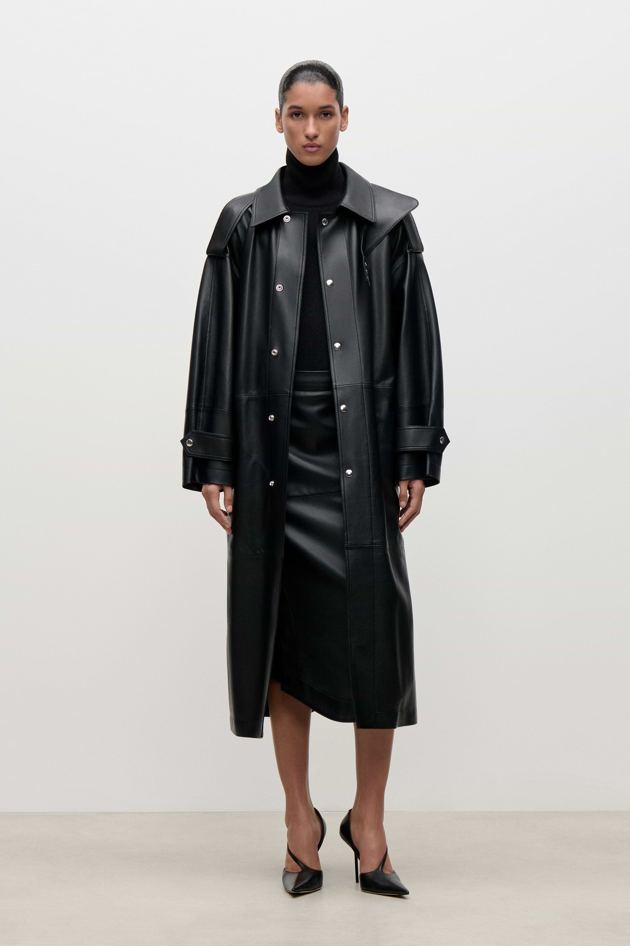 Panelled Leather Coat In Black