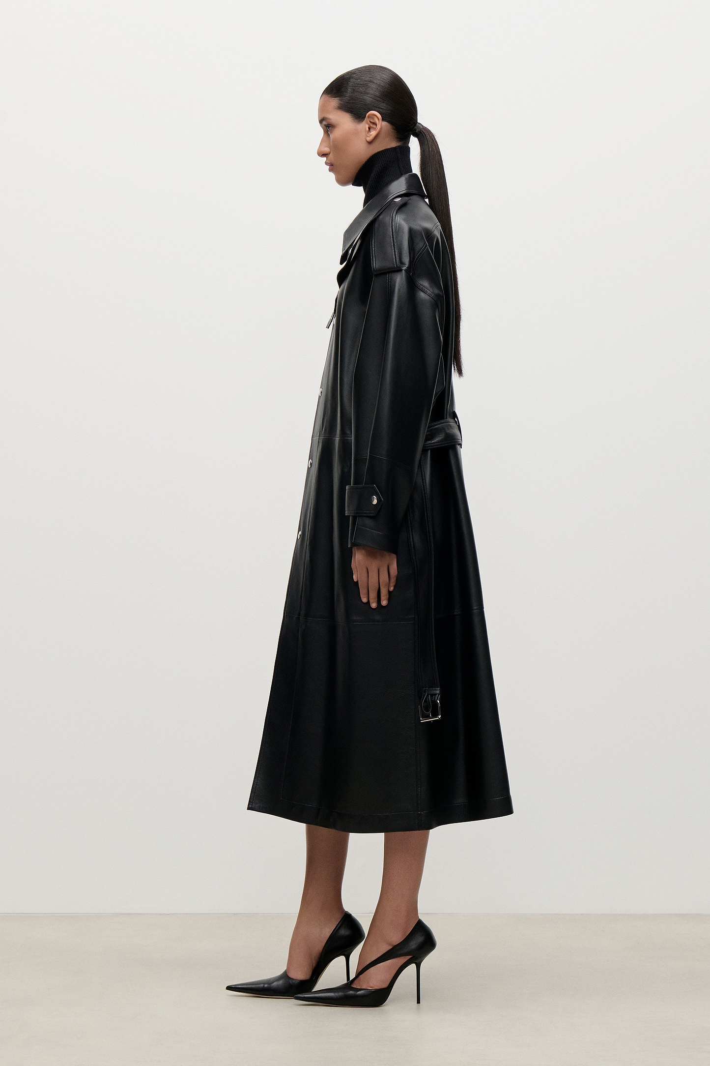 Panelled Leather Coat In Black