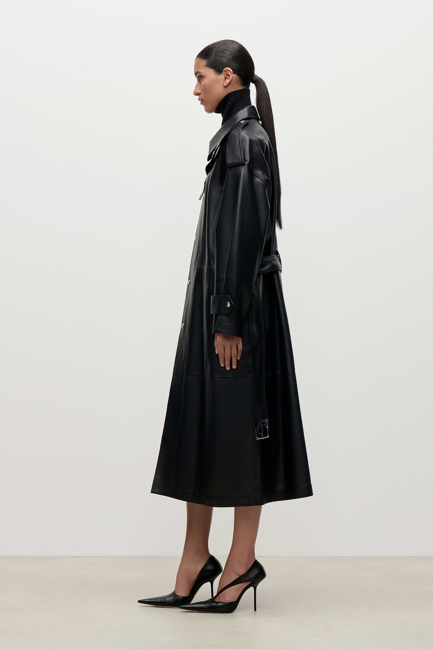 Panelled Leather Coat In Black
