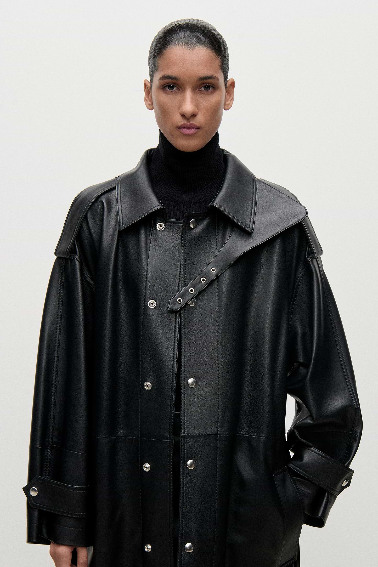 Panelled Leather Coat In Black