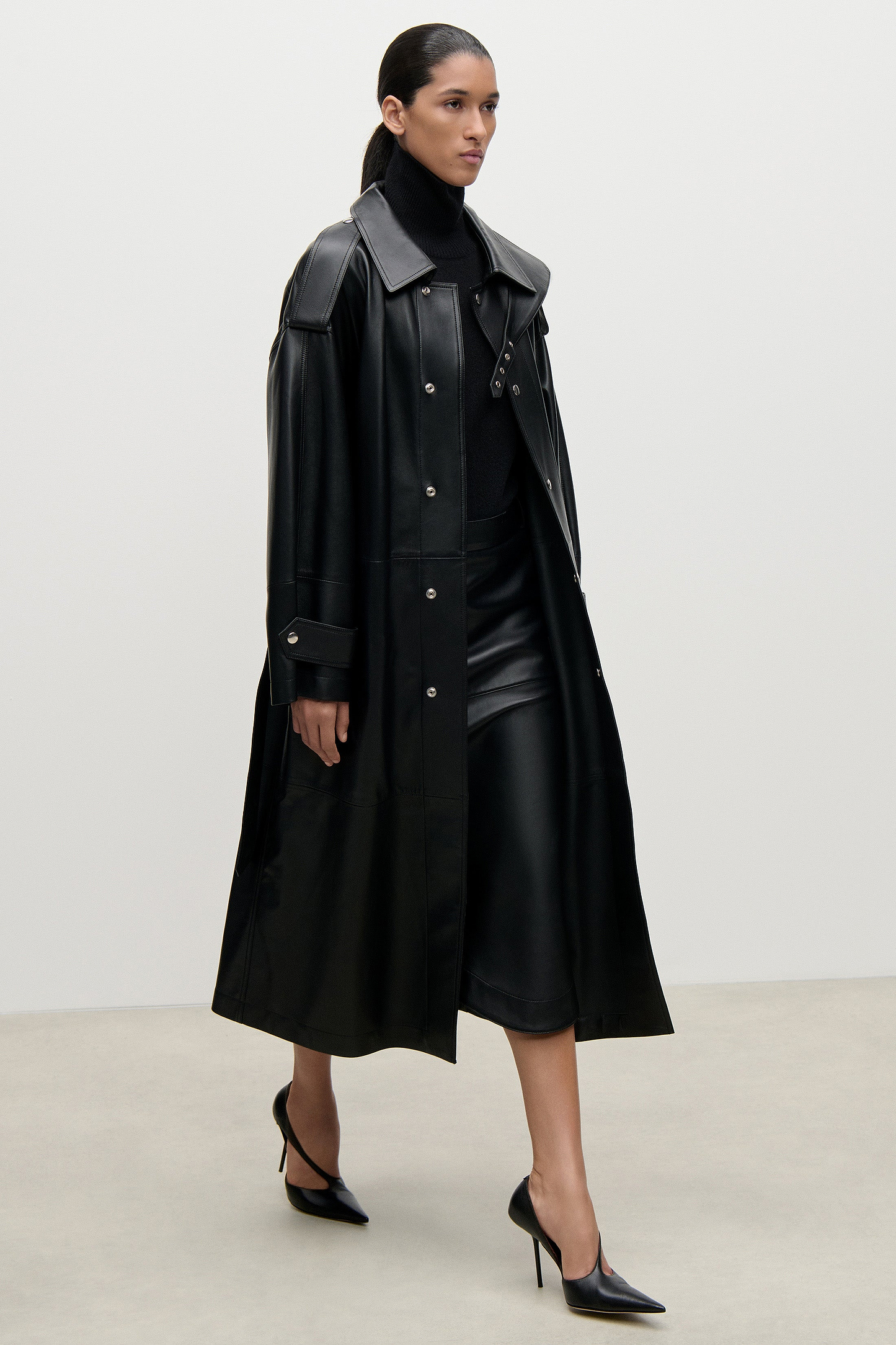 Panelled Leather Coat In Black