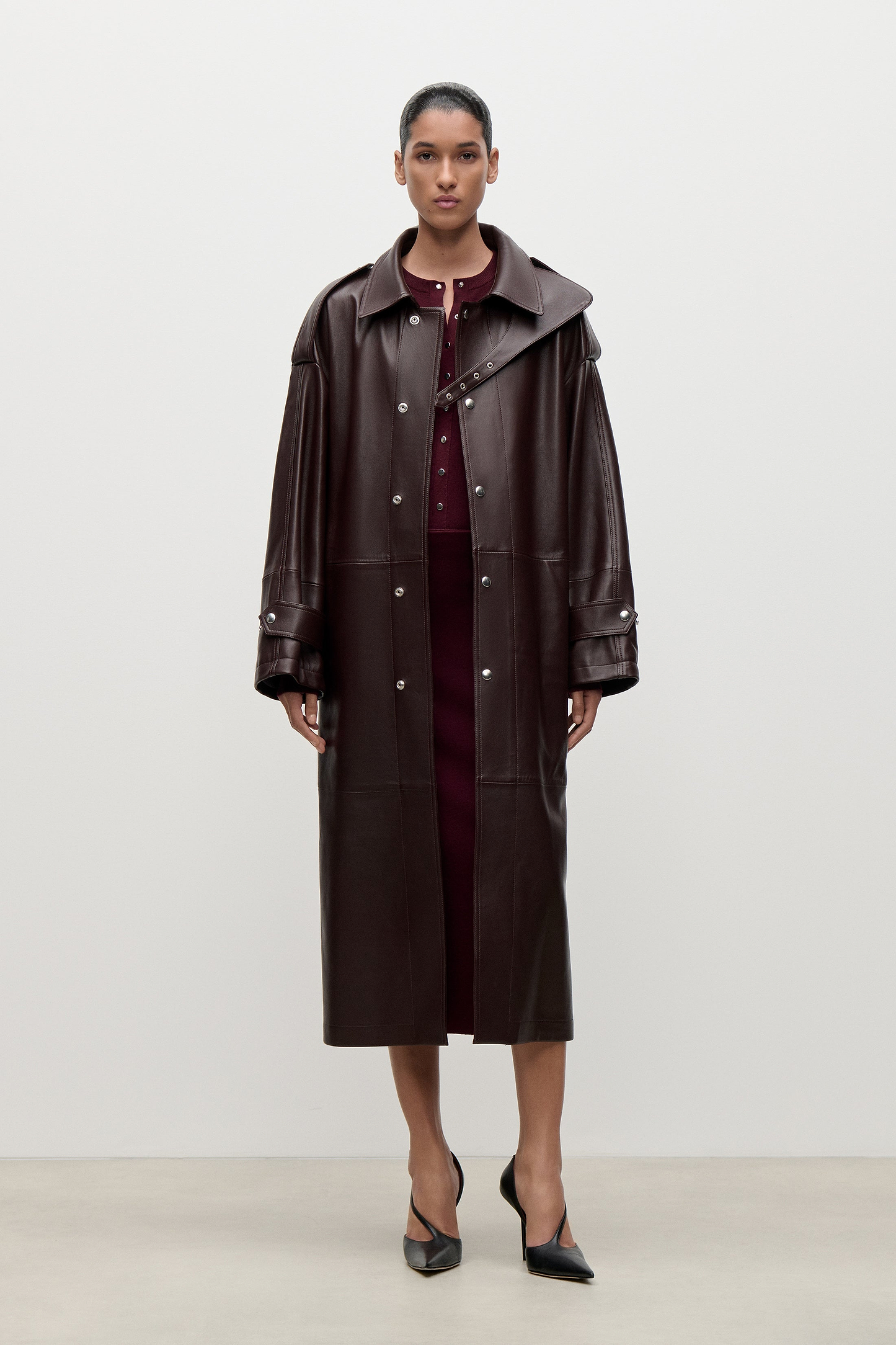 Panelled Leather Coat In Burgundy