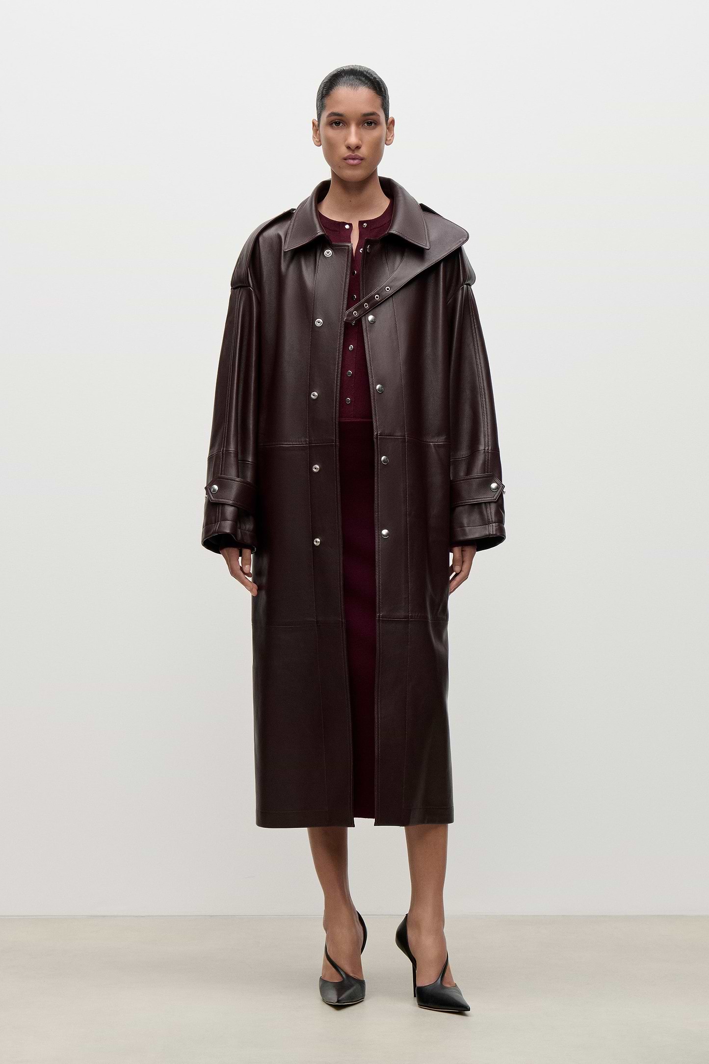 Panelled Leather Coat In Burgundy