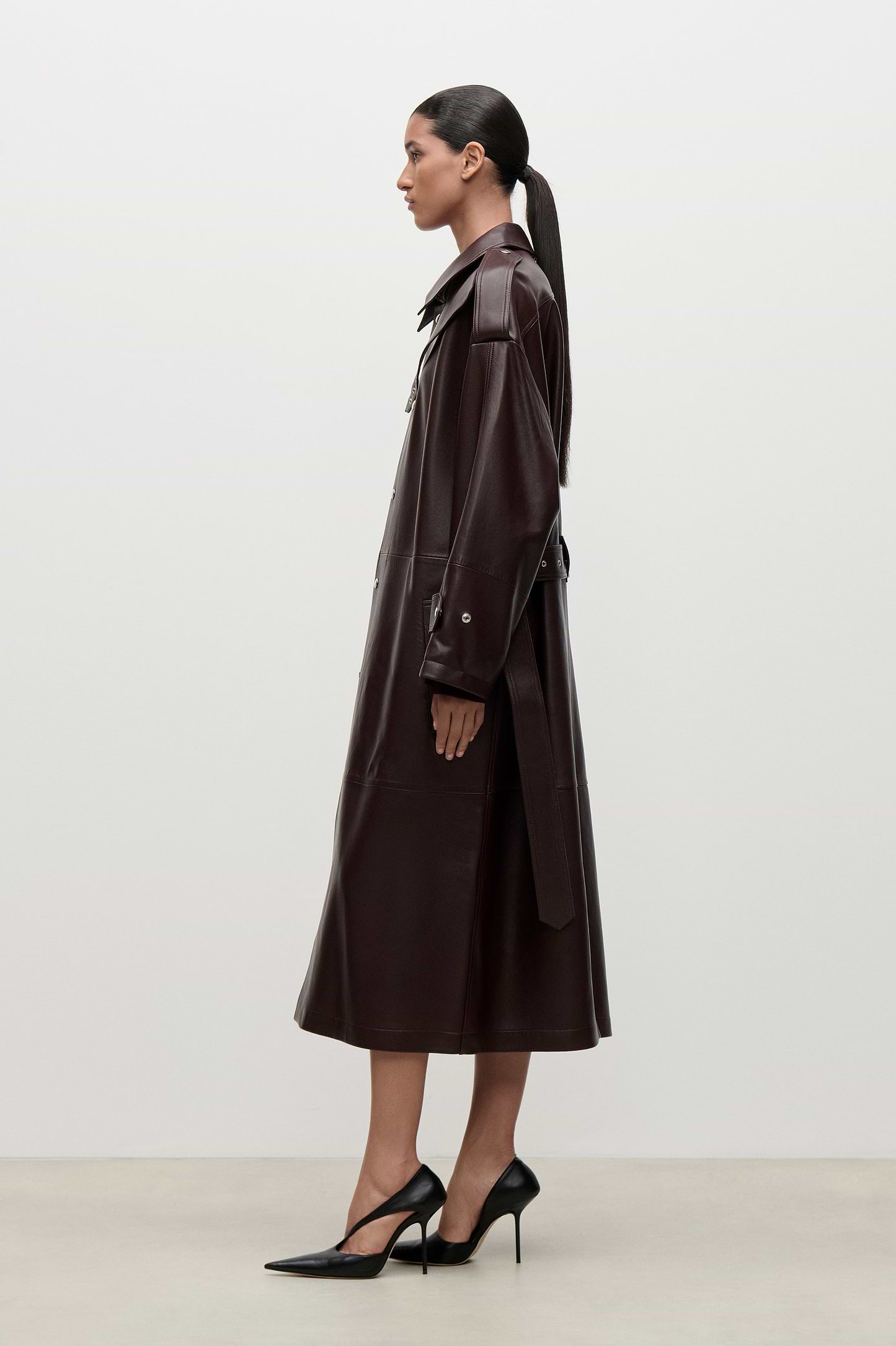 Panelled Leather Coat In Burgundy