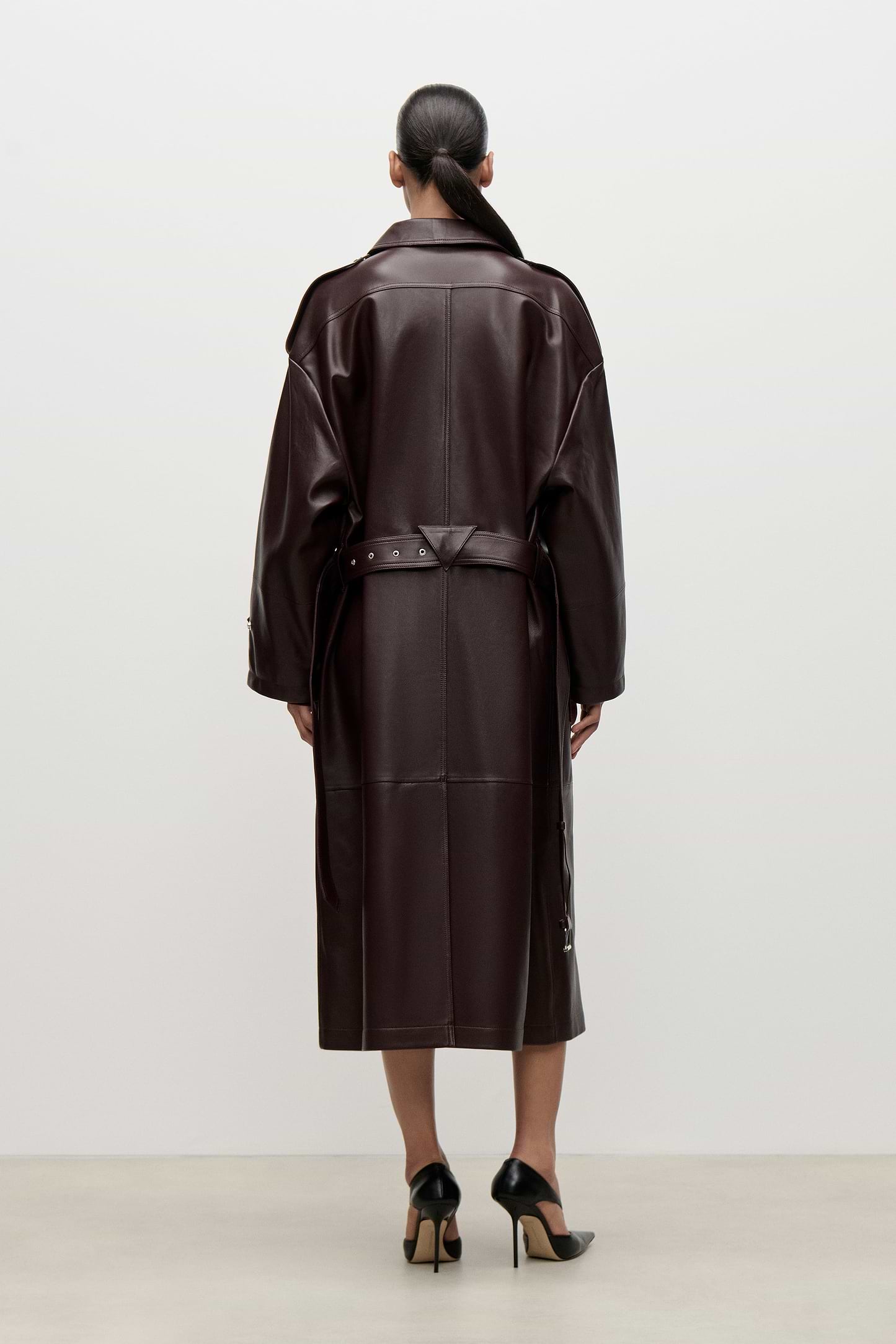 Panelled Leather Coat In Burgundy