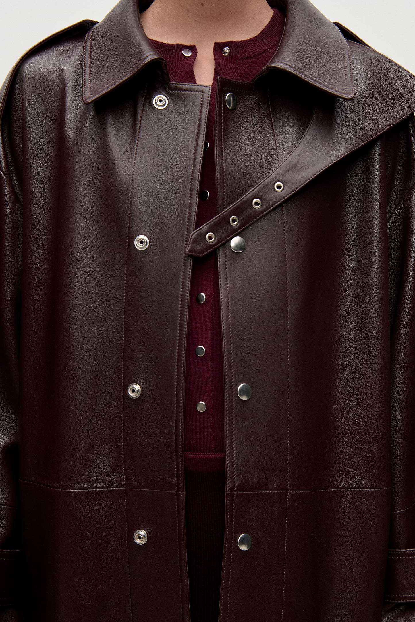 Panelled Leather Coat In Burgundy