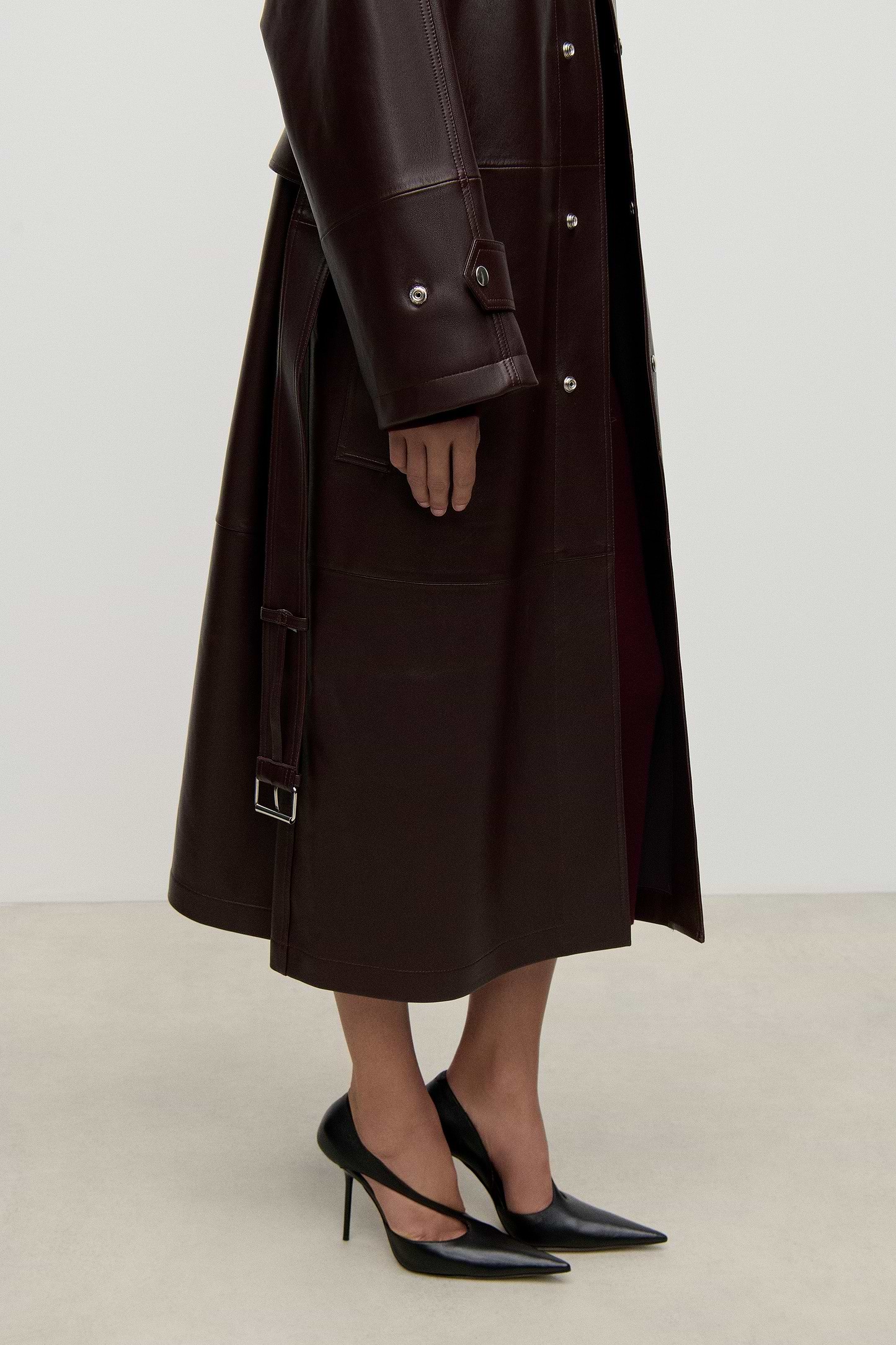 Panelled Leather Coat In Burgundy