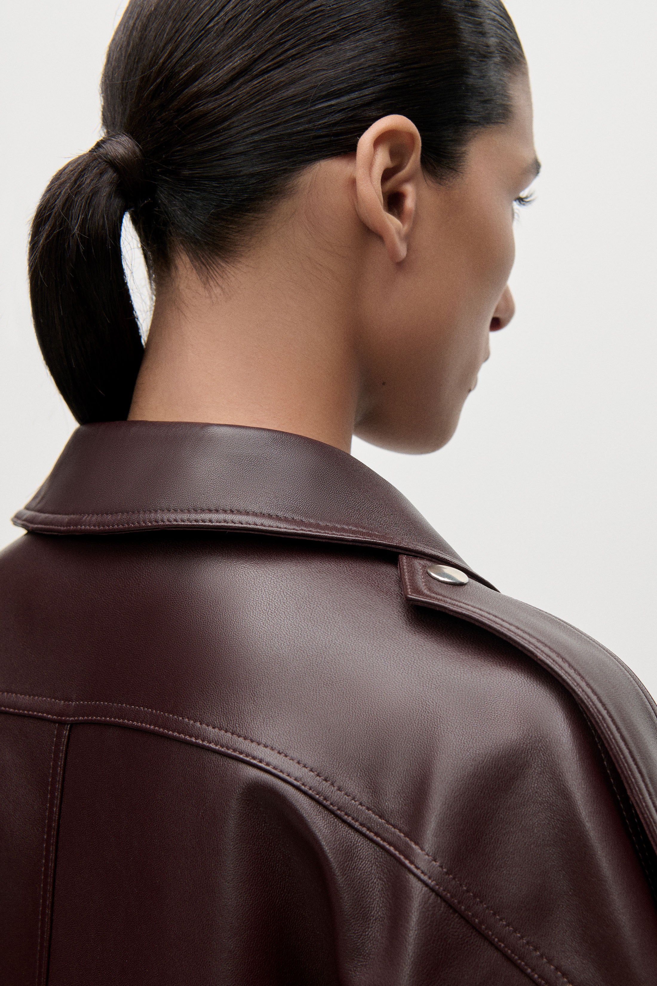 Panelled Leather Coat In Burgundy