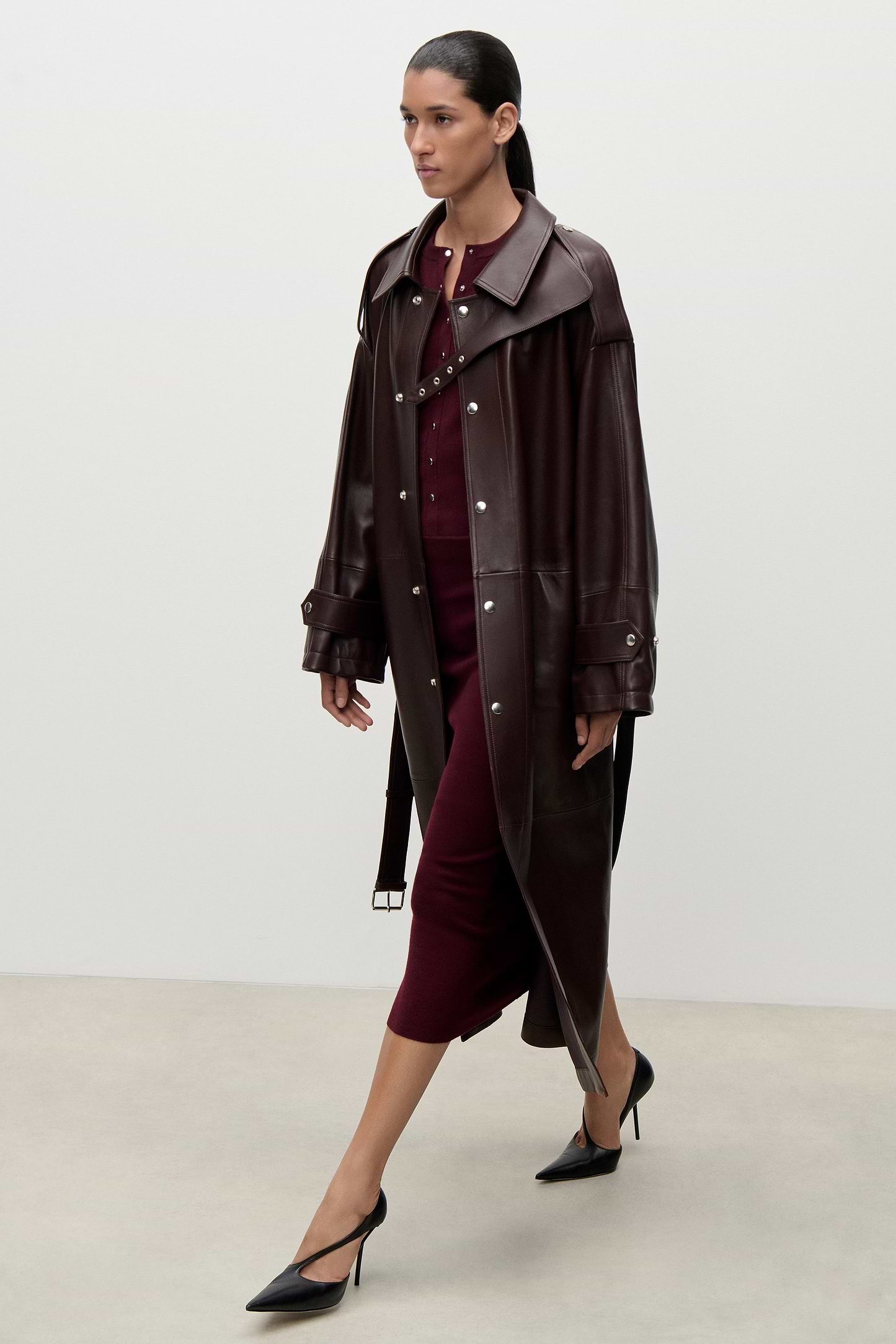 Panelled Leather Coat In Burgundy