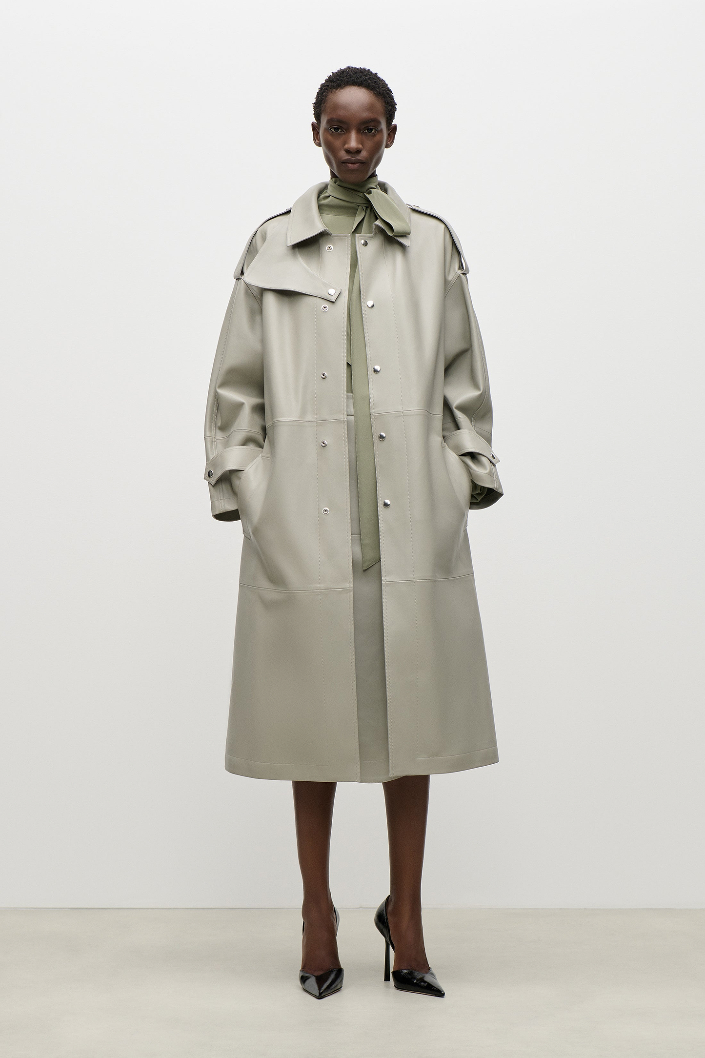 Panelled Leather Coat In Light Grey