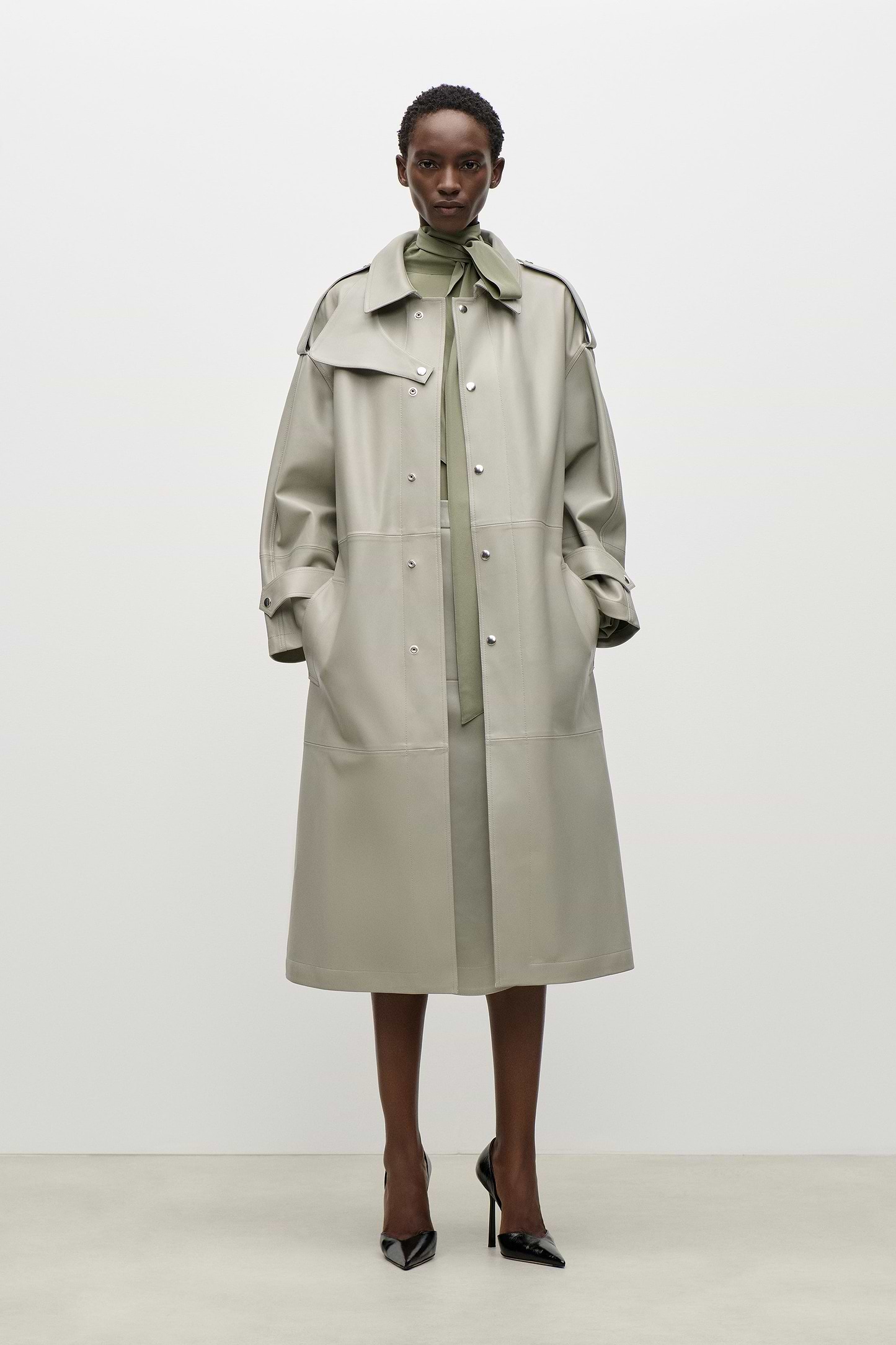Panelled Leather Coat In Light Grey