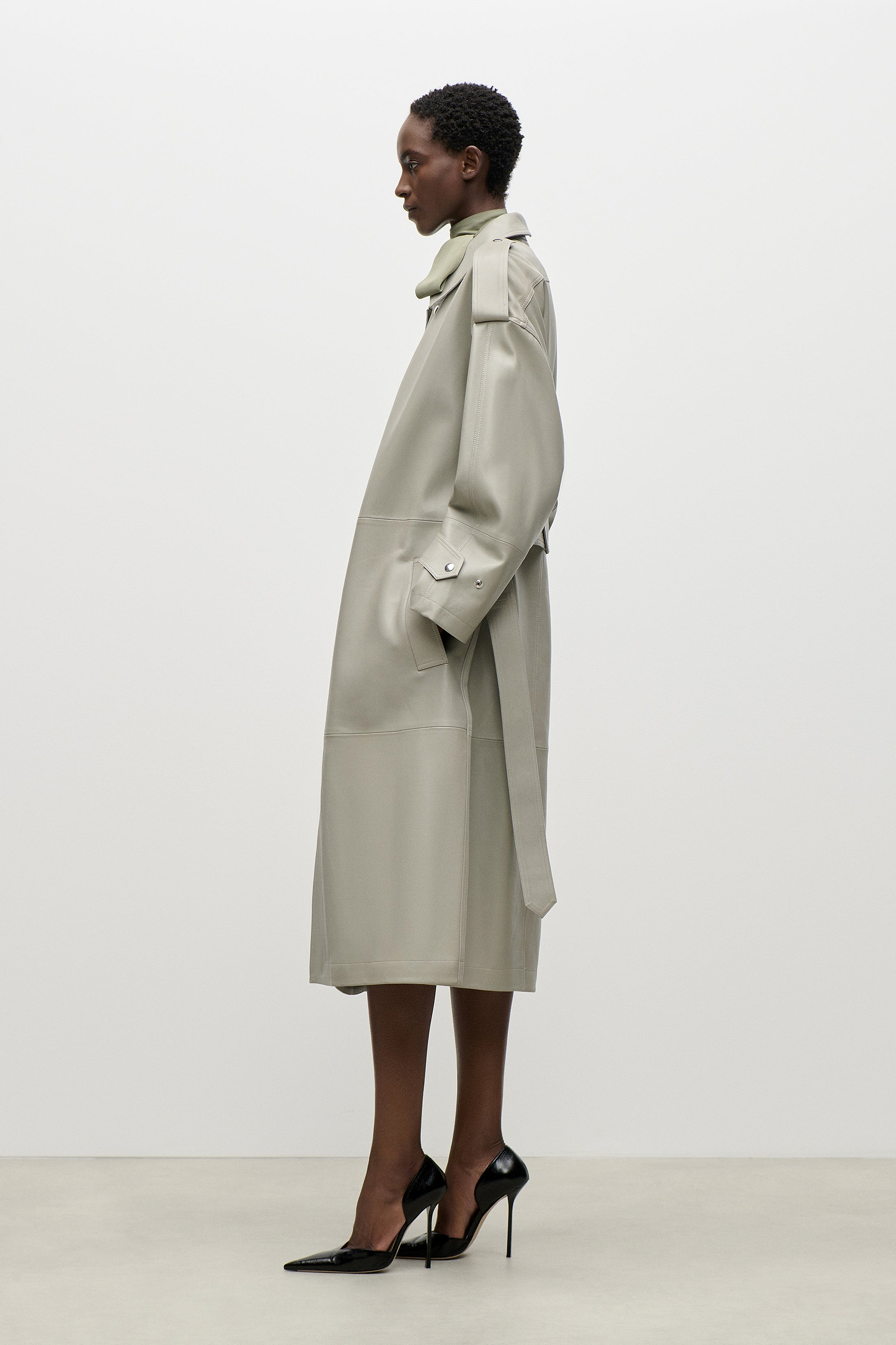 Panelled Leather Coat In Light Grey