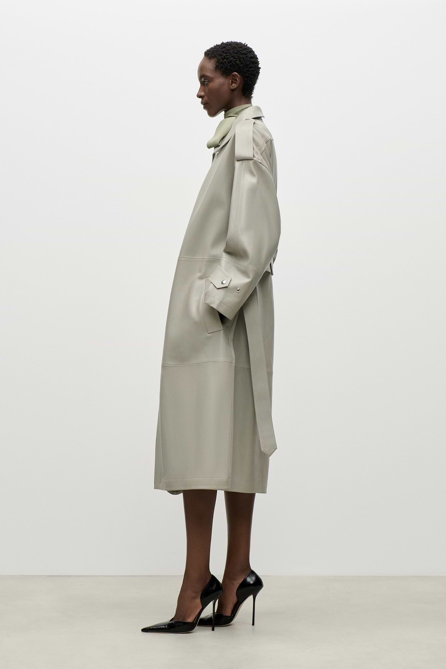 Panelled Leather Coat In Light Grey