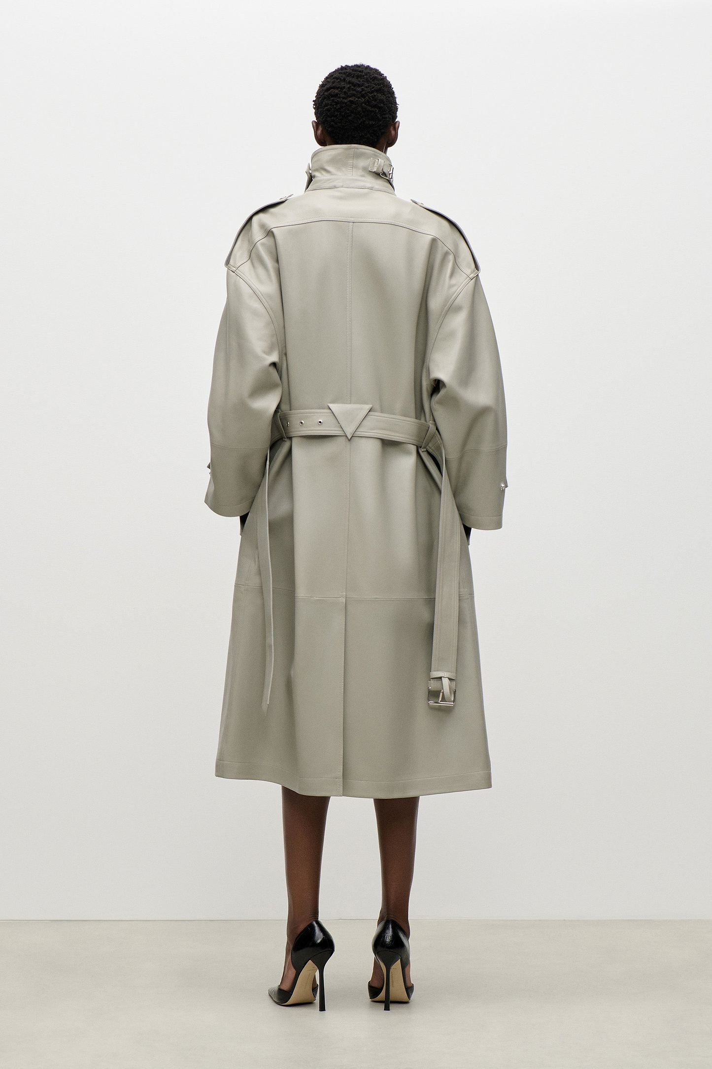 Panelled Leather Coat In Light Grey