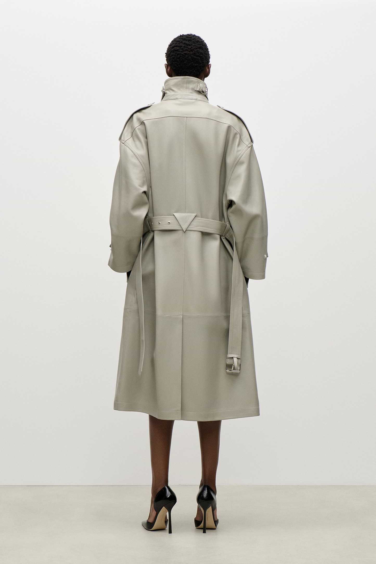Panelled Leather Coat In Light Grey
