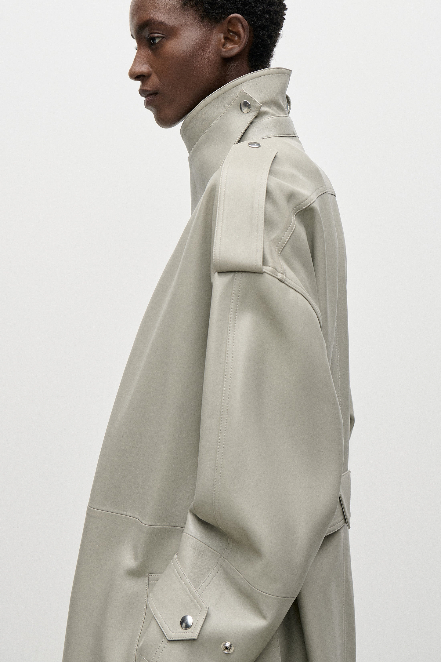 Panelled Leather Coat In Light Grey