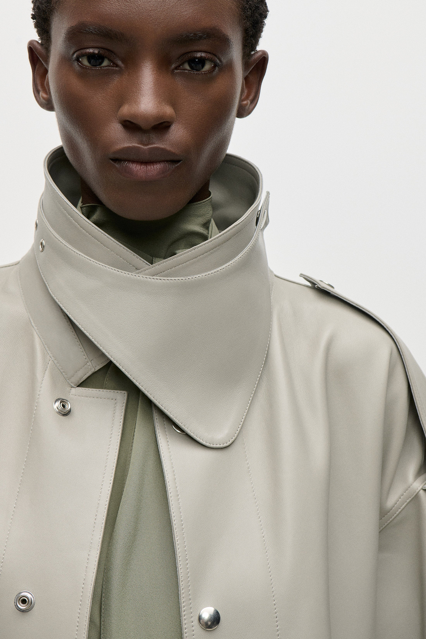 Panelled Leather Coat In Light Grey