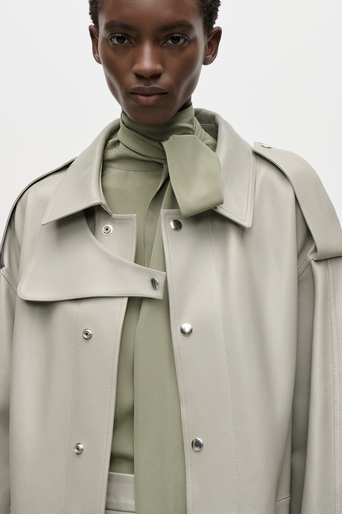 Panelled Leather Coat In Light Grey
