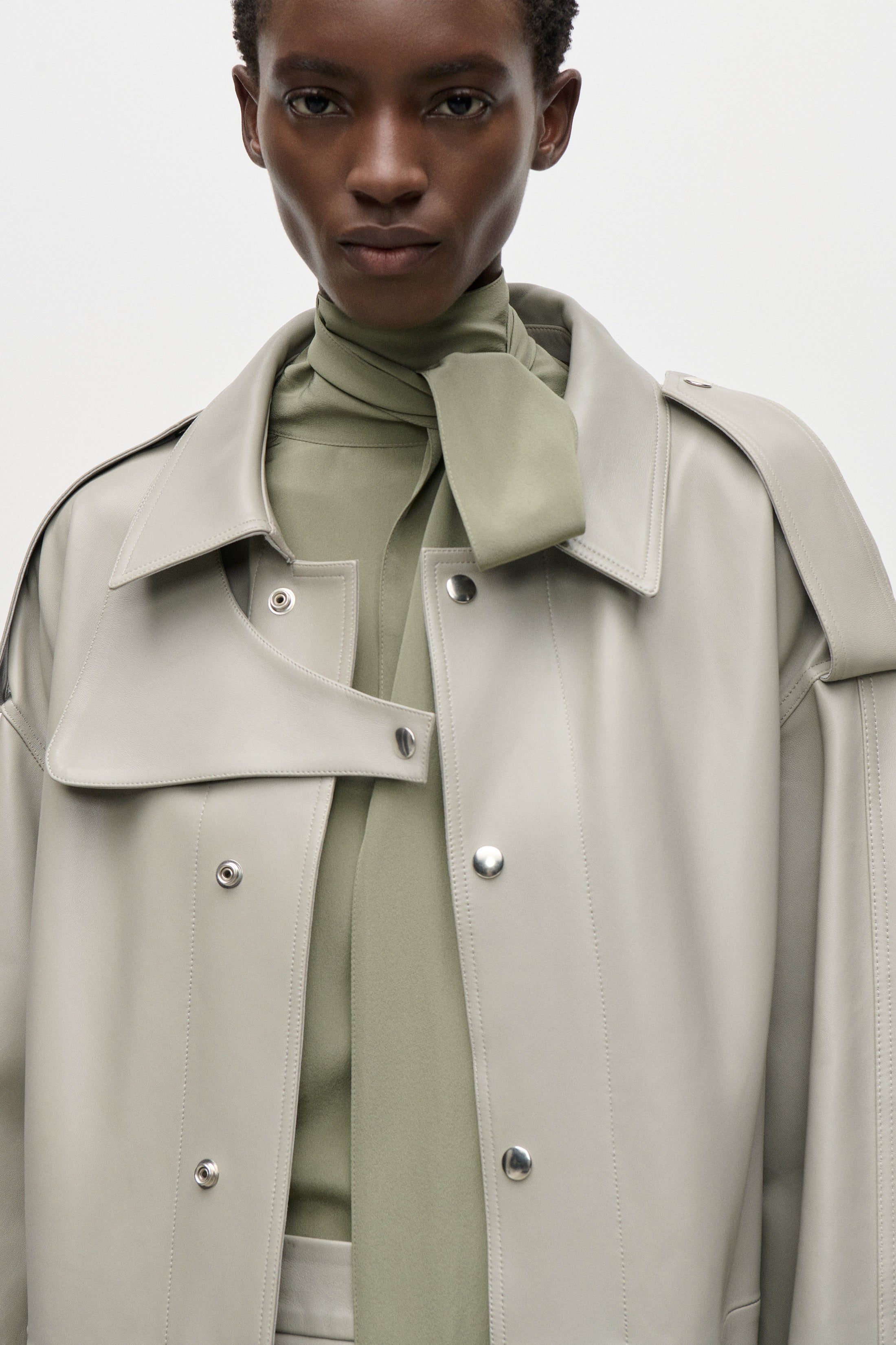 Panelled Leather Coat In Light Grey