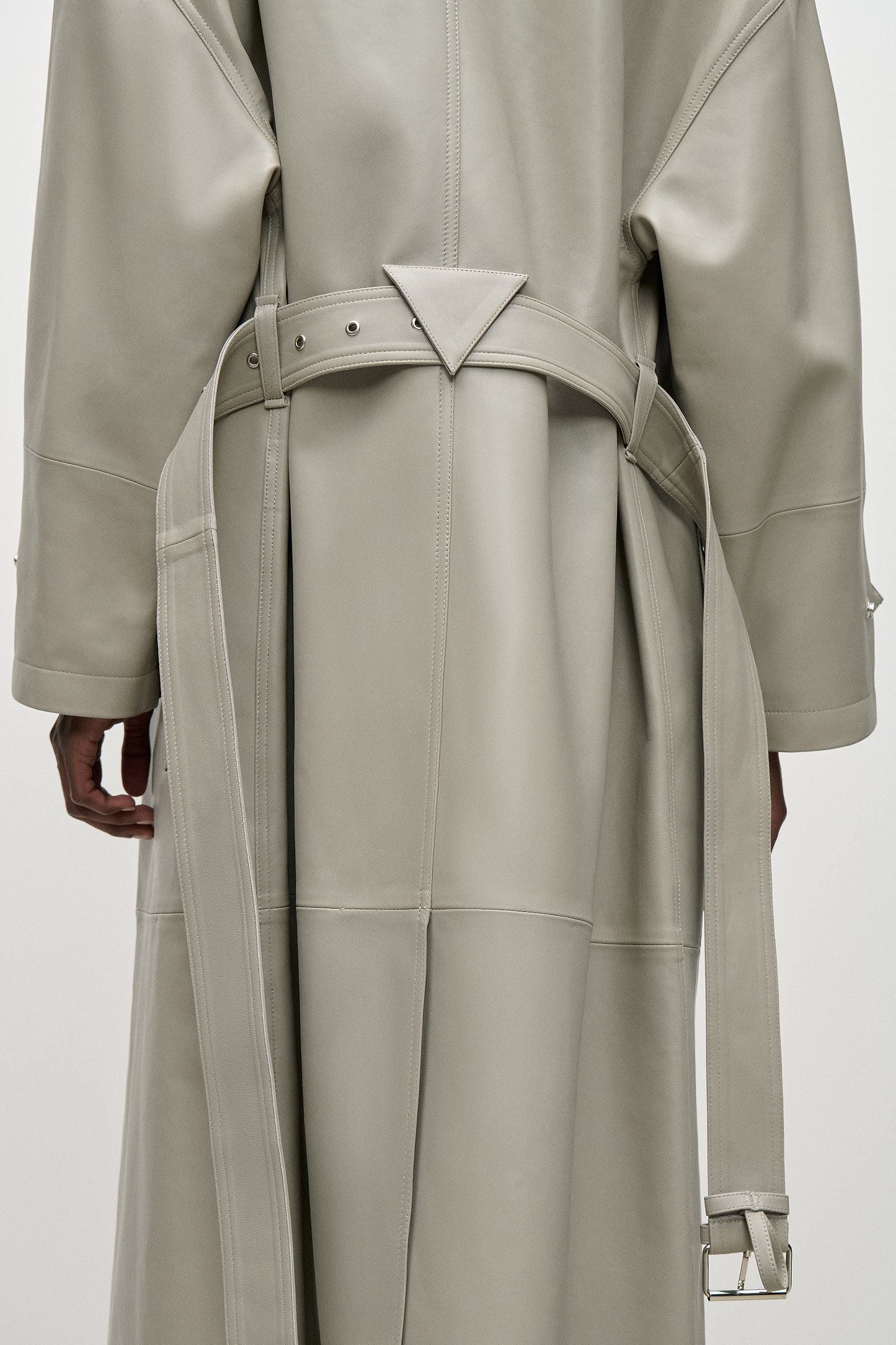 Panelled Leather Coat In Light Grey